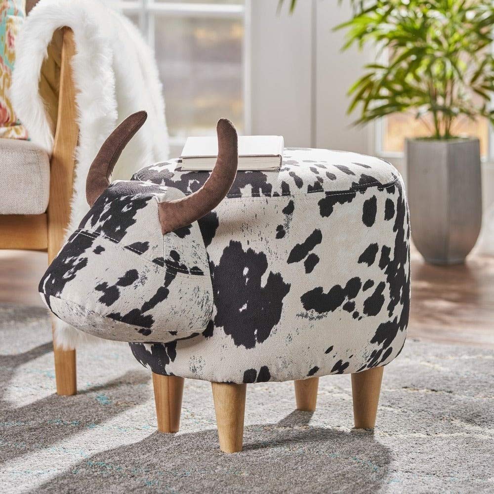 Whimsical Creative Kids Rustic White Black Cow Ottoman - Farmhouse Durable Wood Frame Velvet Foot Stool with Animal Theme - 16.75
