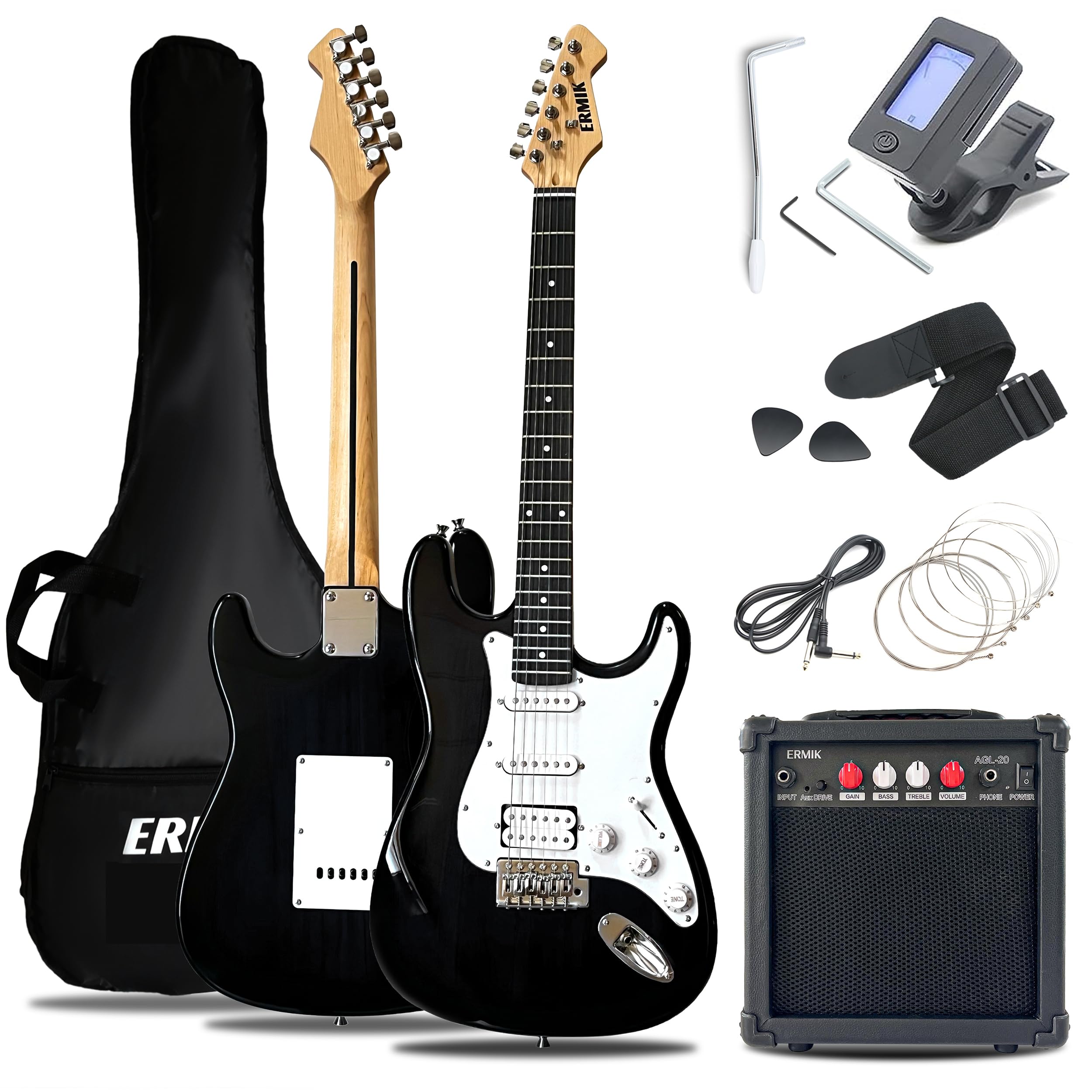 **Ermik Solid Body Electric Guitar Kit with 20W Amp, HSS Pickups, Strings, Strap, Digital Tuner, Picks, Gig Bag, Cable & Tremolo Bar – 39