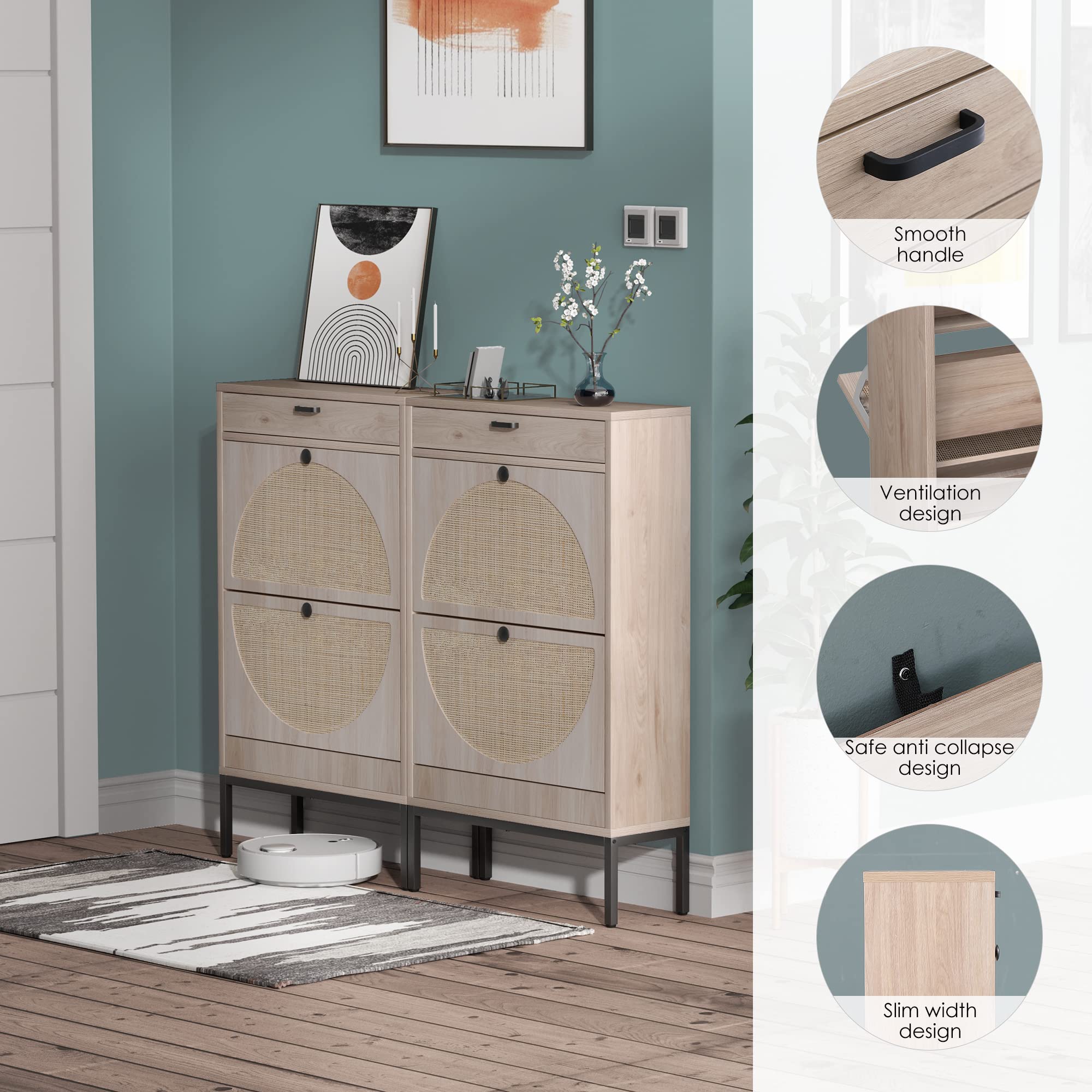 Brafab 2-Tier Shoe Storage Cabinet with Flip Drawers & Small Drawer - Slim Entryway Shoe Organizer with Woven Rattan Doors for Sneakers, Boots & Sandals - Perfect for Hallway, Closet & Bedroom Organization