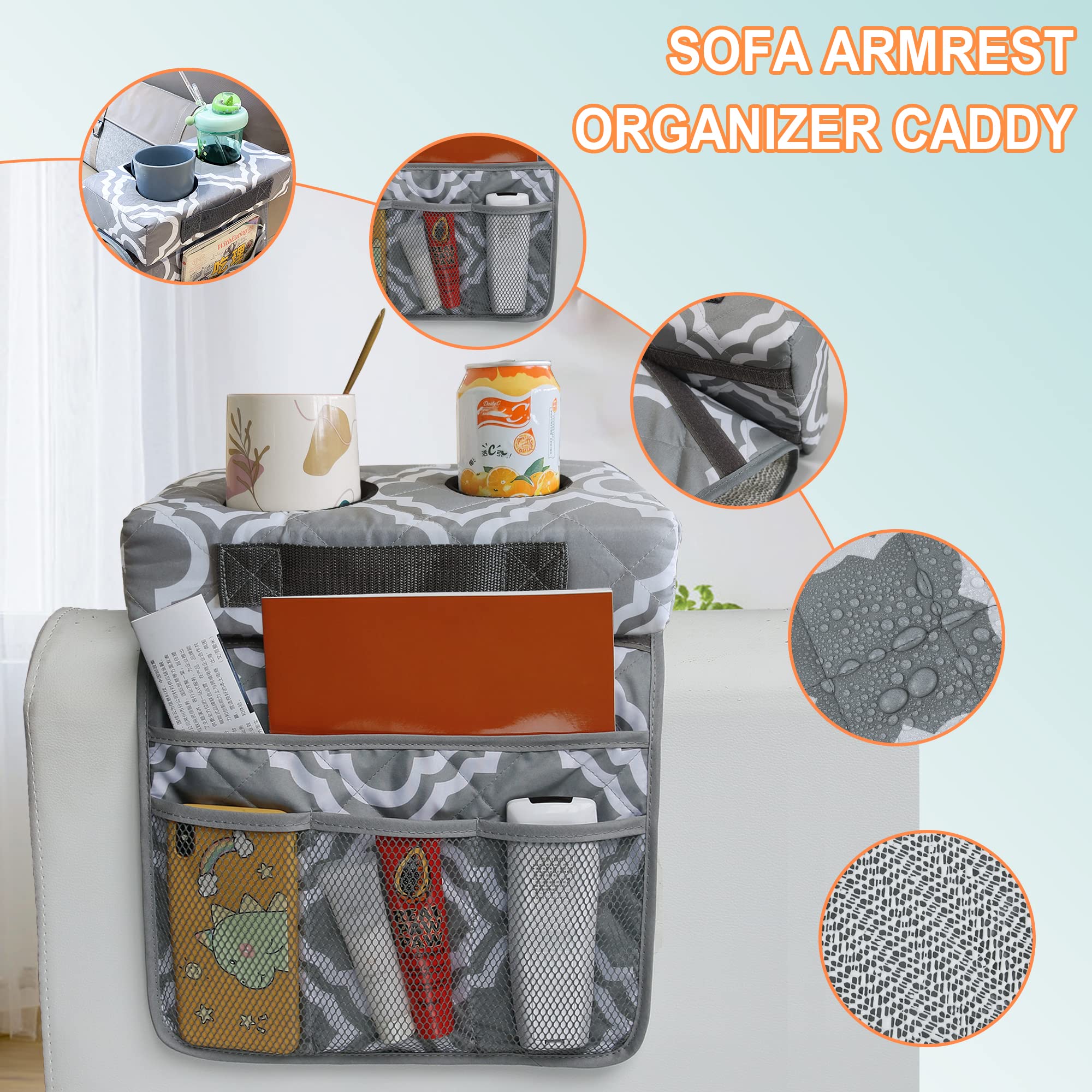 MDSTOP Detachable Sofa Armrest Holder & Couch Caddy - Universal Couch Coaster Organizer for Drinks, Game Controller, Remote, Snacks, Phone, Magazines - Perfect for Living Room, Bedroom & Car (Grey+White)