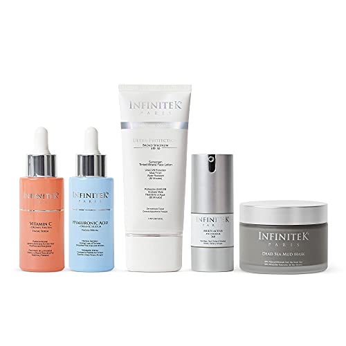 Infinitek Paris The Perfect Match Skincare Kit - Hyaluronic Acid & Vitamin C Serums, Mineral Face Sunscreen, Collagen Eye Cream & Dead Sea Mud Mask for Glowing Skin - Perfect for Daily Routine & Spa Nights
