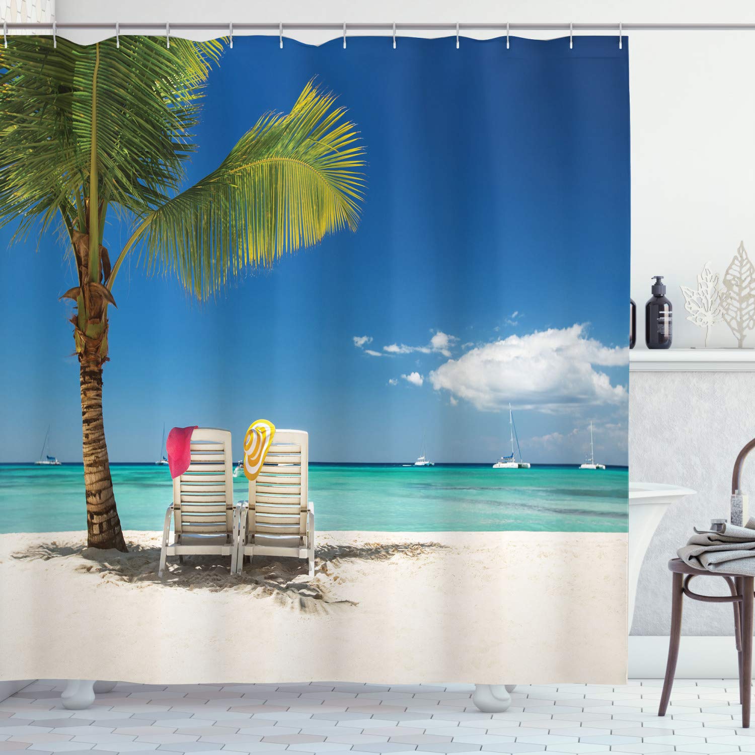 Ambesonne Seaside Shower Curtain - Tropical Beach Vacation Decor with Palm Trees, Chairs & Boats Panoramic Print, 69x84 Inch Blue Green Fabric Bathroom Set with Hooks - Perfect for Coastal, Nautical or Beach Theme Bathroom Decor