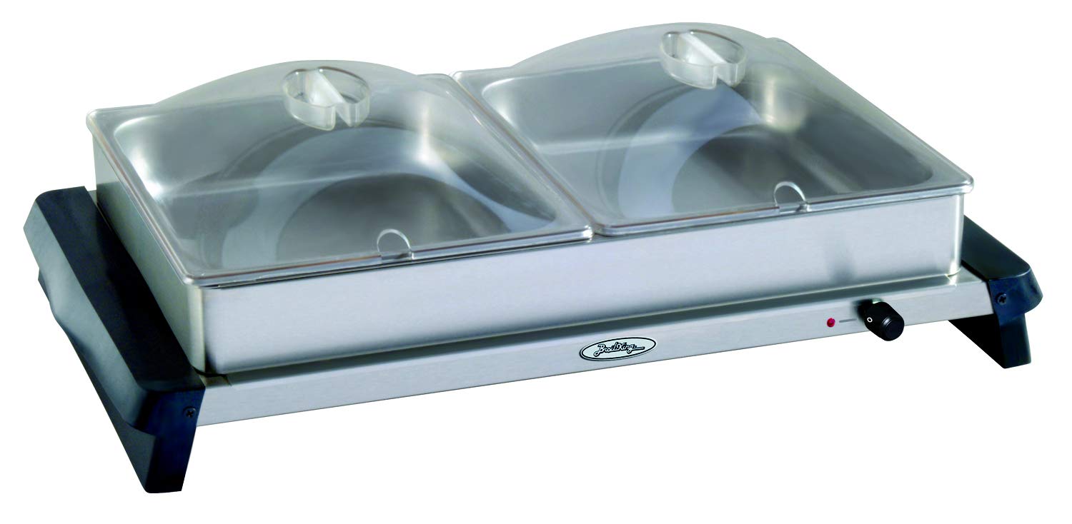 Broil King NBS-2SP Professional Double Stainless Steel Buffet Server with Plastic Lids - Perfect for Catering, Buffets & Party Food Serving