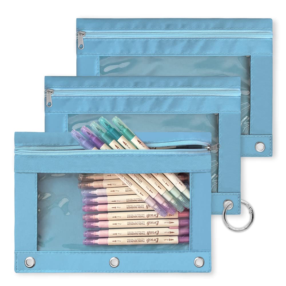 3-Pack Multi-Color Large Capacity Pencil Pouch with Zipper Closure & Clear Window - 3 Ring Binder Pencil Case with Reinforced Grommets (Sky Blue) - Perfect for School, Office & Art Supplies Organization