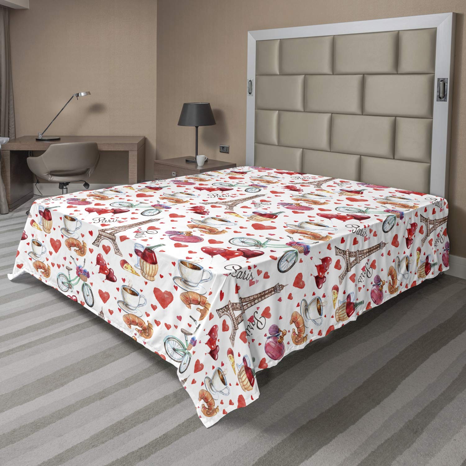 Ambesonne Romantic King Size Flat Sheet - Valentine's Day Love Themed Paris Design with Coffee, Wine, Perfumes & Bikes on Heart Backdrop | Soft Decorative Bedding for Couples & Romantic Bedrooms (Multicolor, 1 Piece)