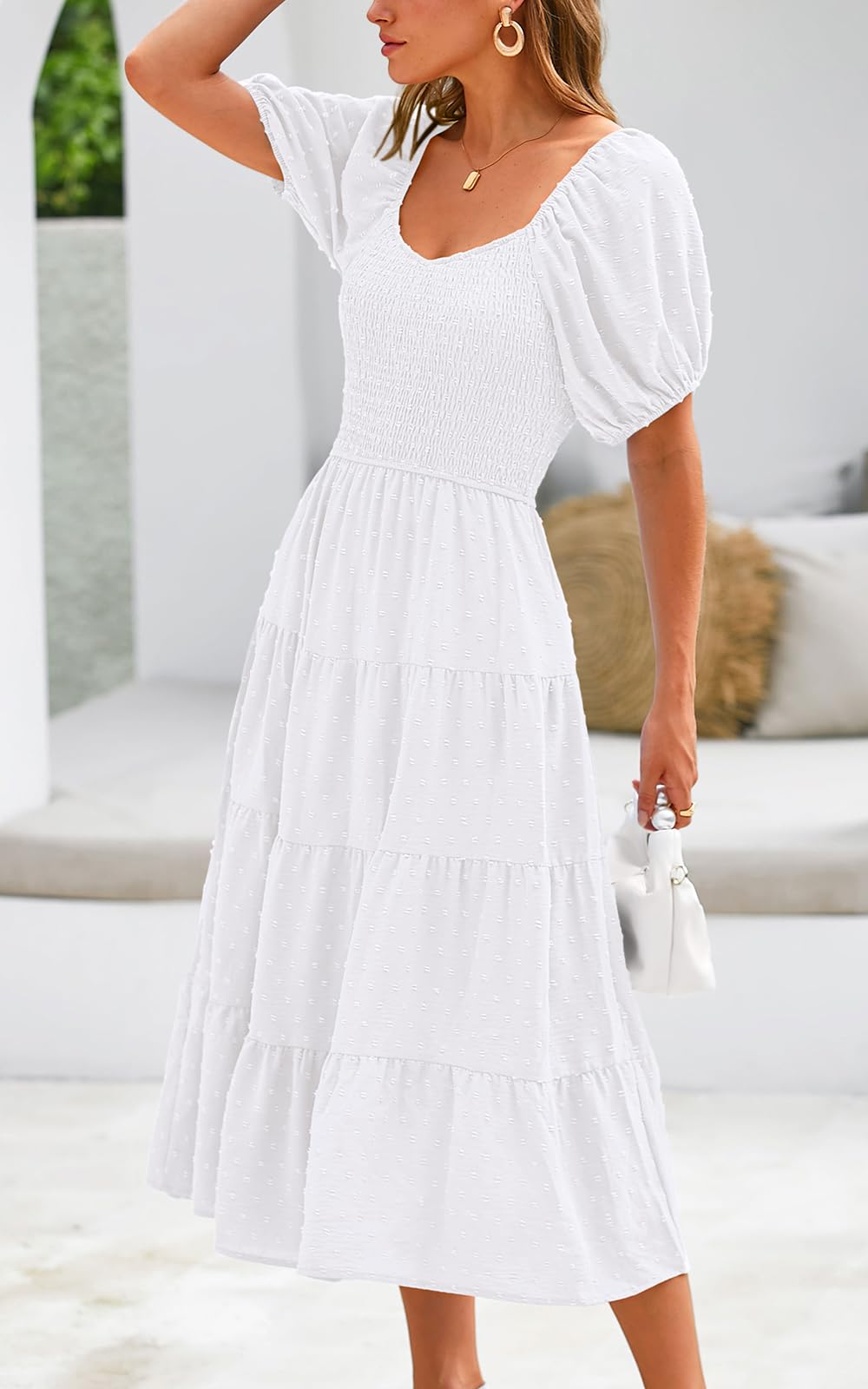 PRETTYGARDEN Women's Spring Summer Chiffon Maxi Dress 2025 - Puff Sleeve V-Neck Swiss Dot High Waist Tiered Smocked Dress for Beach Wedding Party Vacation Date Night