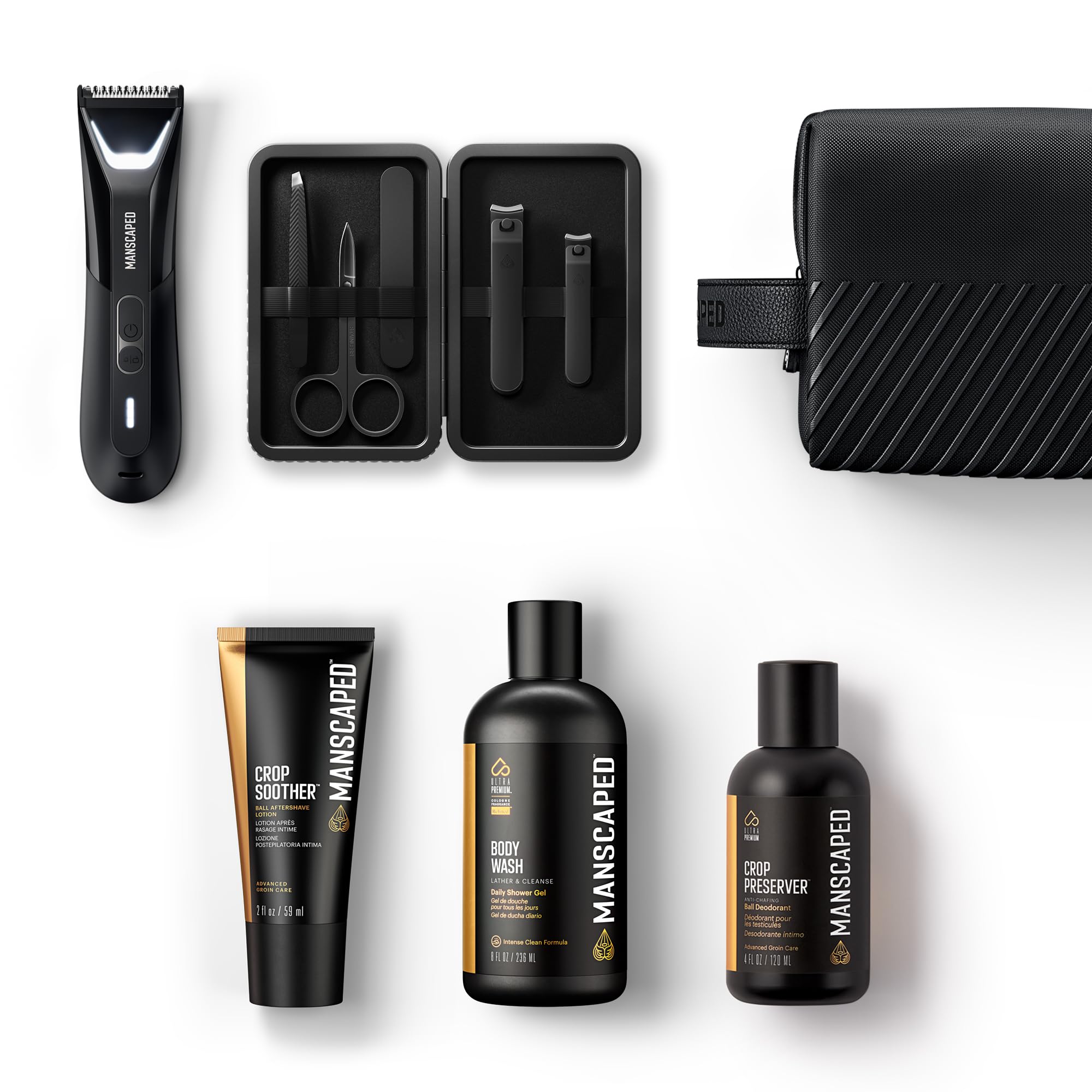 MANSCAPED® The Premier Package 5.0 Ultra - Lawn Mower® 5.0 Ultra Men's Body & Groin Trimmer with Shears 3.0, Crop Preserver® Ball Deodorant, Refined® Body Wash & Crop Soother™ - Complete Grooming Kit for Men | Perfect for Travel, Gym & Daily Personal Care