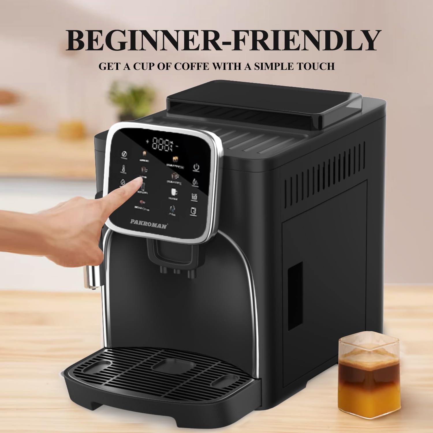 Fully Automatic Coffee Machine with 19 Bar Italian Pump, Classic Frother, 4 Coffee Options, Touch Display & Conical Burr Grinder - Perfect for Home, Office, or Cafe (Black)