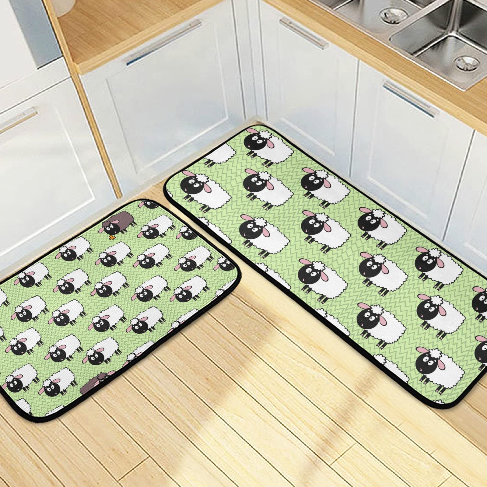 SUABO Non-Slip Kitchen Floor Mats Set of 2 - Soft Sheep Print Standing Rugs for Cooking, Dishwashing & Baking - Perfect for Christmas Decor & Home Kitchen Safety