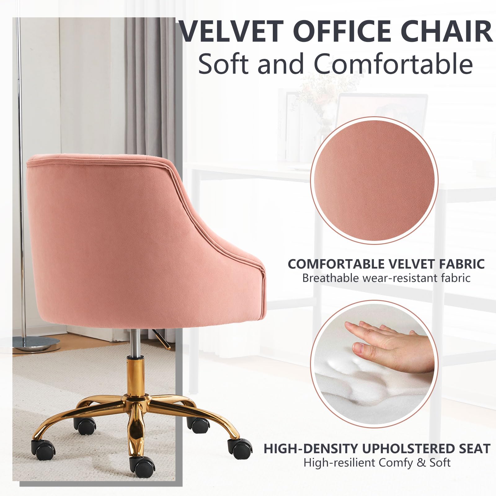 Luxury Velvet Swivel Office Chair with Gold Base - 360° Rotation & Height Adjustable - Pink Fabric Desk Chair for Women - Perfect for Home Office, Reception, and Vanity Areas