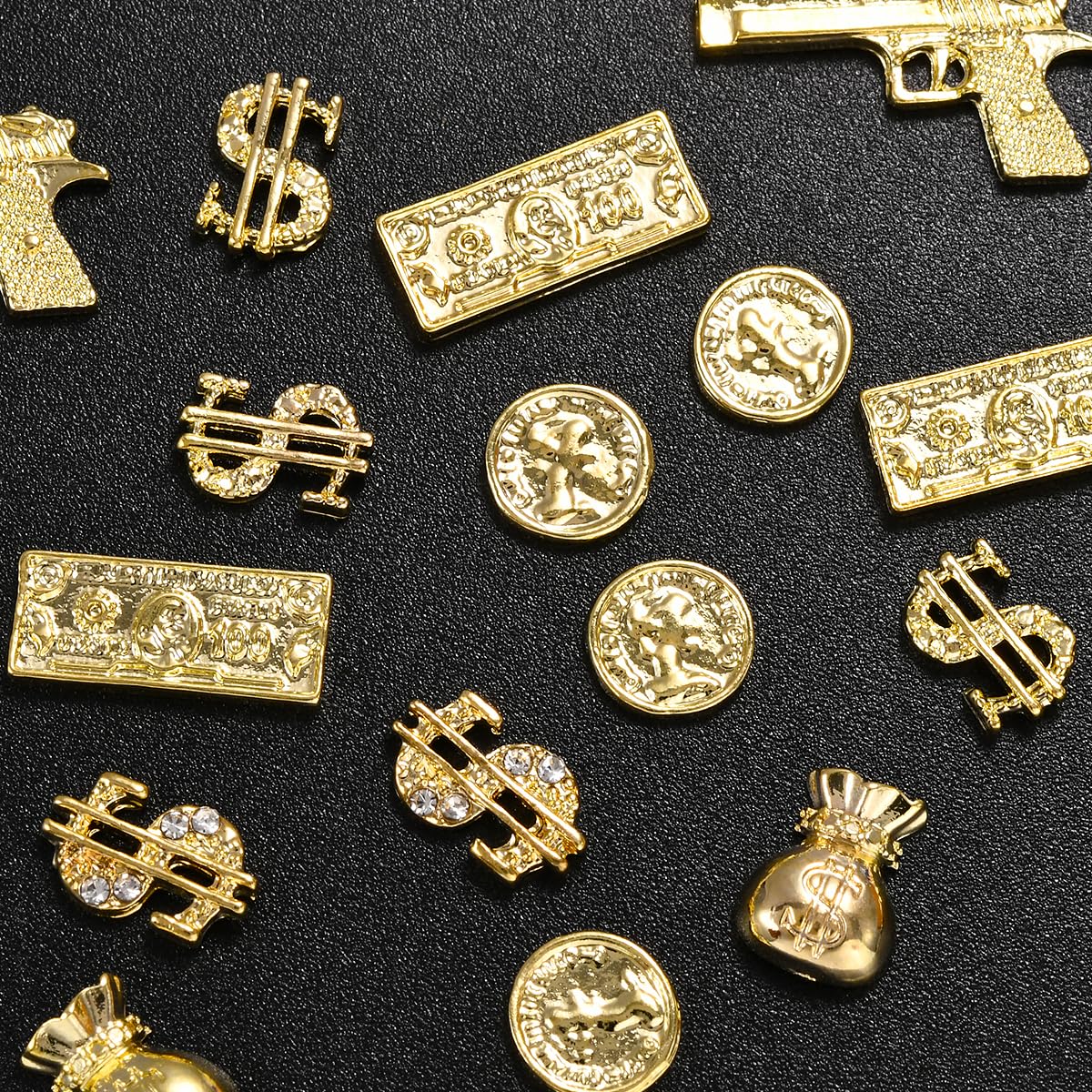 25PCS 3D Gold Nail Charms for Alloy Nails - Nail Art Decorations with Crown, Dollar & Gun Charms - DIY Manicure Jewelry Accessories for Nail Art Supplies - Perfect for Parties, Weddings & Salon Nail Designs