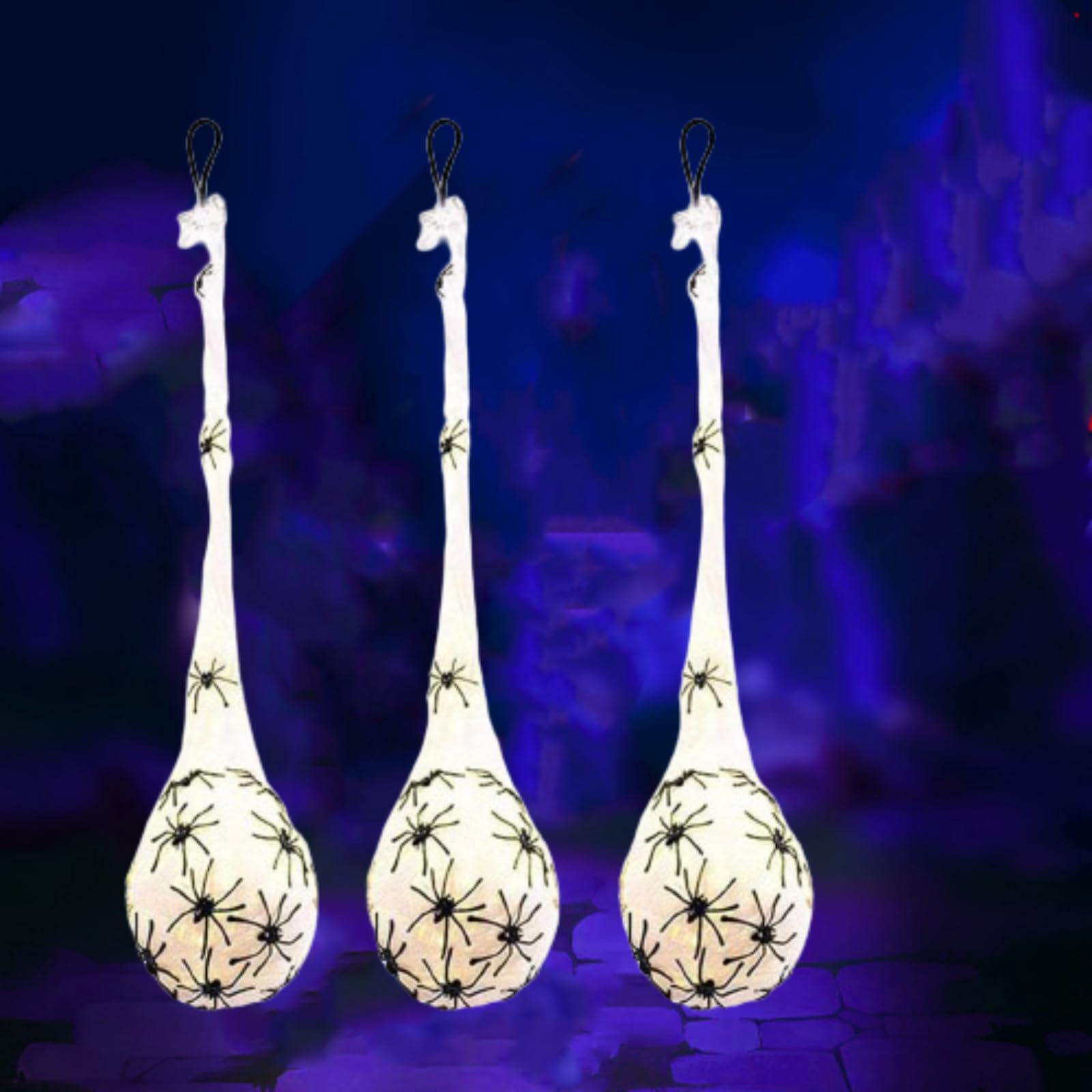**Halloween LED Light-Up Spider Egg Sacs Decorations - 3PCS White Hanging Spider Egg Sacks with Lights for Spooky Party, Haunted House & Outdoor Decor**