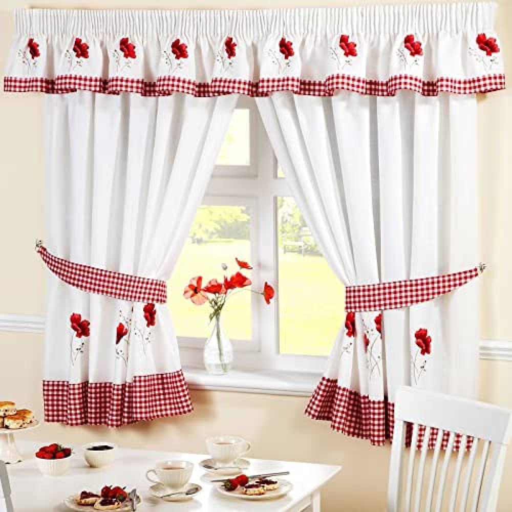 Poppy Gingham Kitchen Curtains - Embroidered Red & White Window Drapes 46x48 Inches with Tie Backs - Farmhouse Style for Windows, Cafe, Dining Room Decor