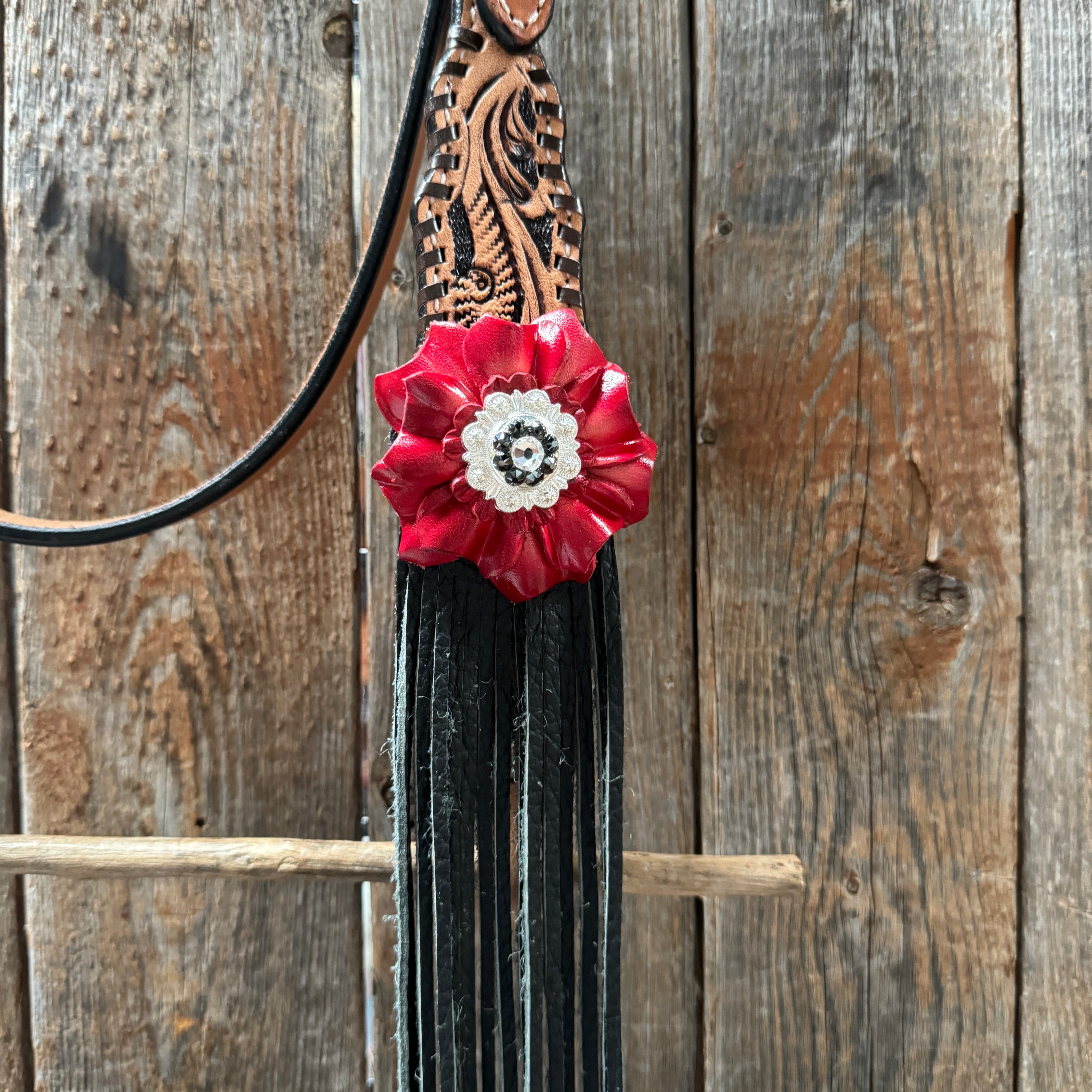 Floral Whipstitch Black and Red Browband with One Ear Triangle & Gladiator Breastcollar Tack Set #BBBC642 for Equestrian Show & Dressage Riding