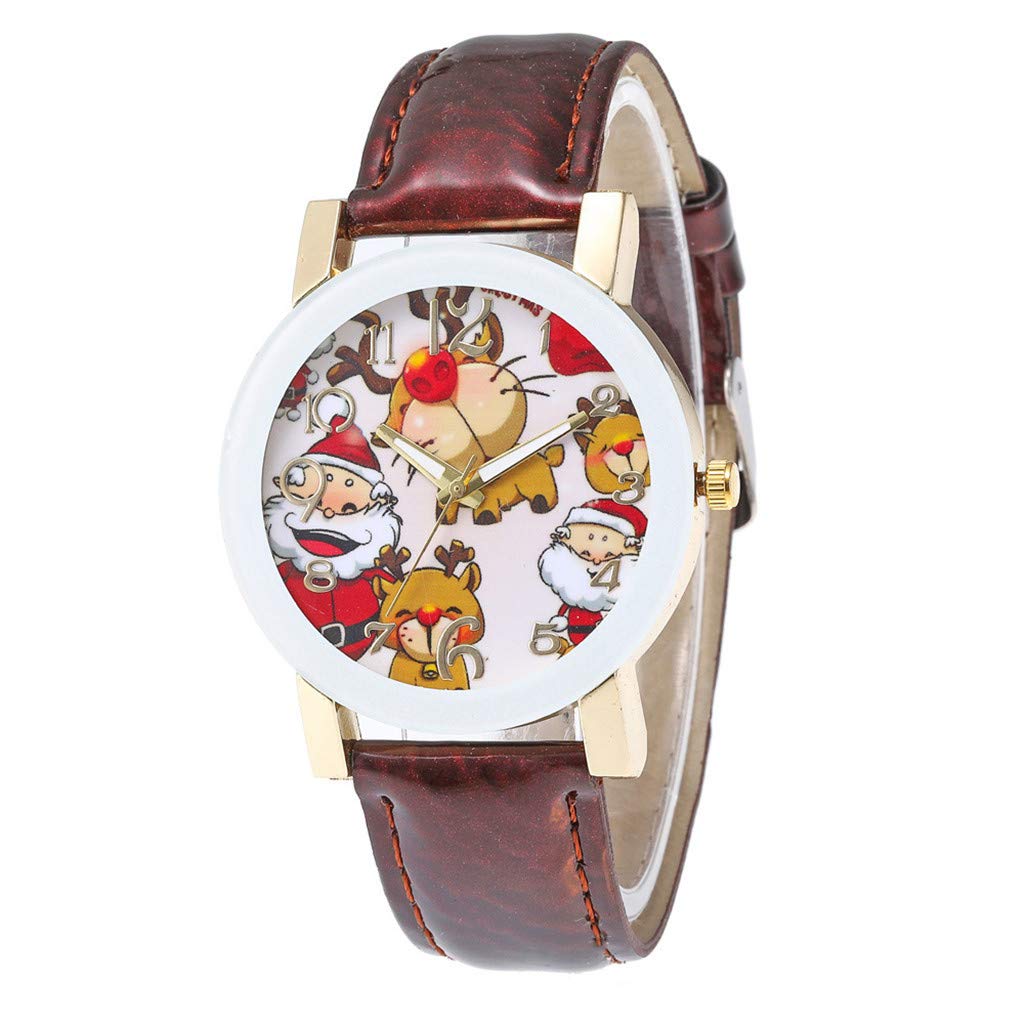Evangelia.YM Women's Santa Claus Deer Print Quartz Watch - Brown Leather Belt for Christmas Gifts & Parties