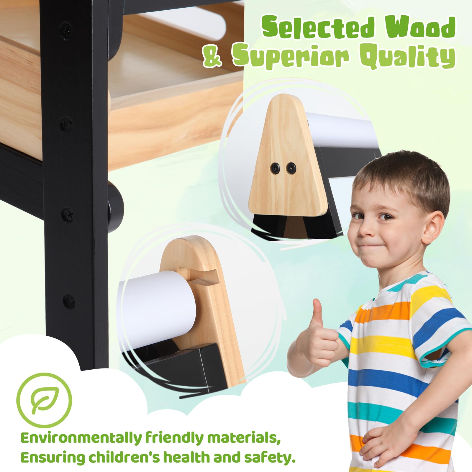 3 in 1 Adjustable Height Kids Easel with Wood Tray - Double Sided Magnetic Chalkboard & Whiteboard, Includes Paper Roll - Perfect for Toddlers Age 2+ (Black) | Ideal for Home, Classroom & Preschool Art Activities, Drawing & Learning