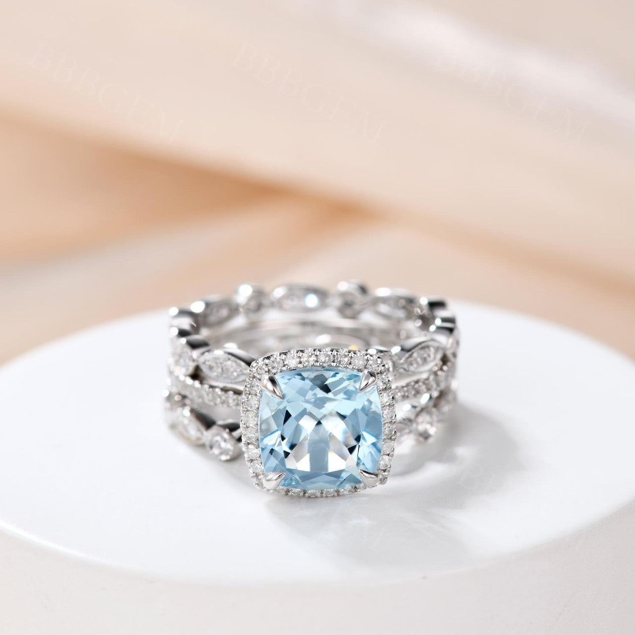 2.2 Carat Cushion Cut Aquamarine and Diamond Bridal Set, 14K White Gold Wedding Ring with Full Eternity Band - Perfect for Engagement, Anniversary, and Art Deco Style Jewelry Lovers