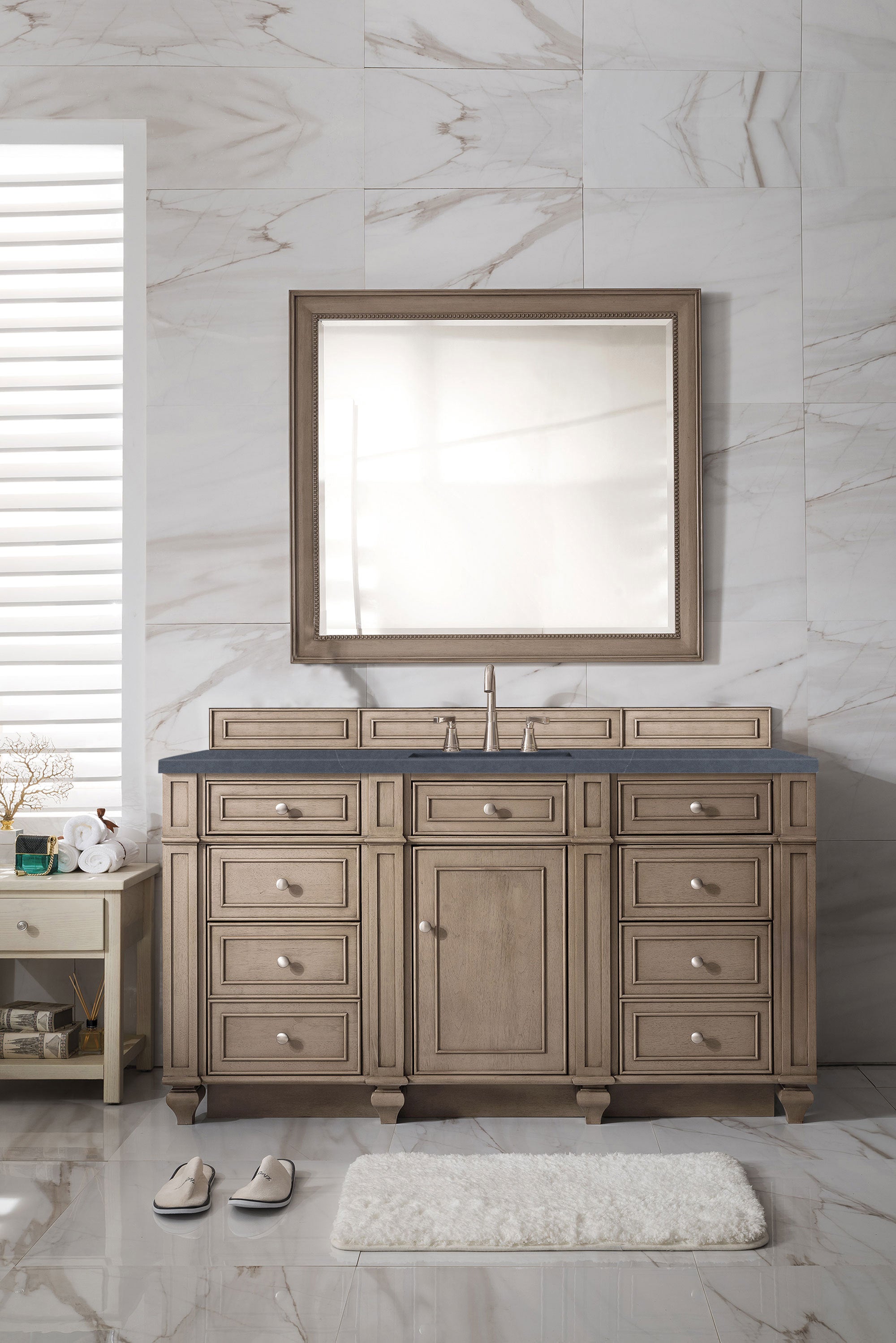 Bristol 60 Inch Single Bathroom Vanity in Whitewashed Walnut with 3CM Charcoal Soapstone Quartz Top - Modern Farmhouse Sink Cabinet for Bathroom Remodel & Home Upgrade