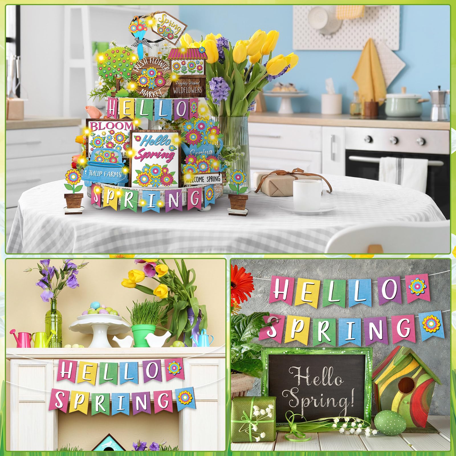 15 Pcs Farmhouse Daisy Wooden Tiered Tray Decor Set - Spring Floral Table Signs & Shelf Decorations for Home, Kitchen, Party - Perfect for Easter, Mother's Day & Farmhouse Style Decorating