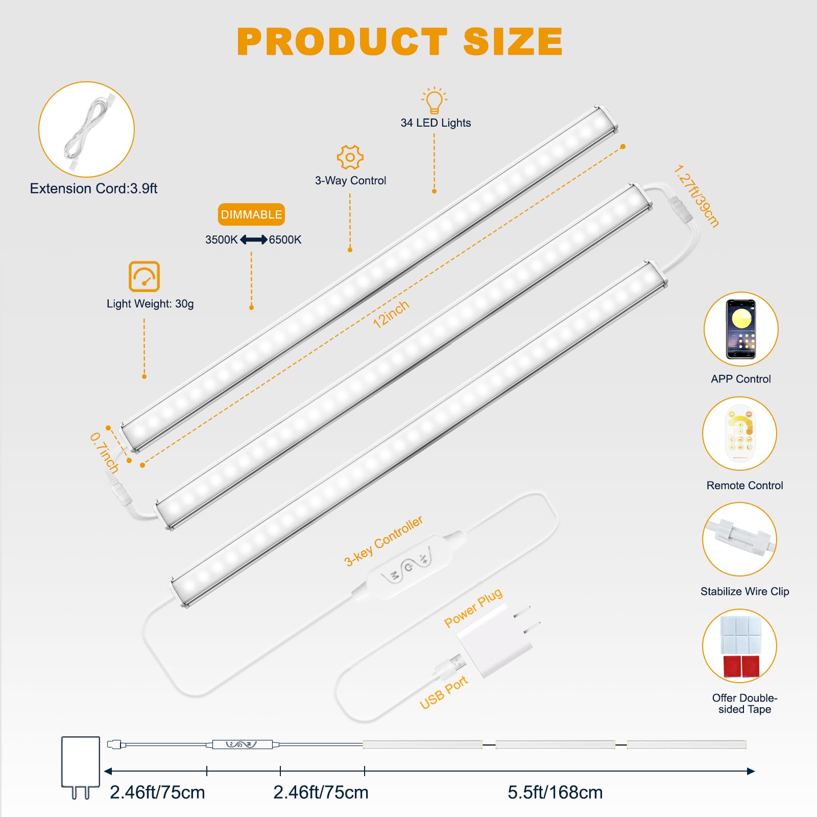Daymeet Ultra Thin 12 Inch LED Under Cabinet Lights - Super Bright, 3 Color Temperatures, Dimmable with Remote & App Control - Perfect for Kitchen, Closet, Pantry, and Workspace Lighting (3 Pack)