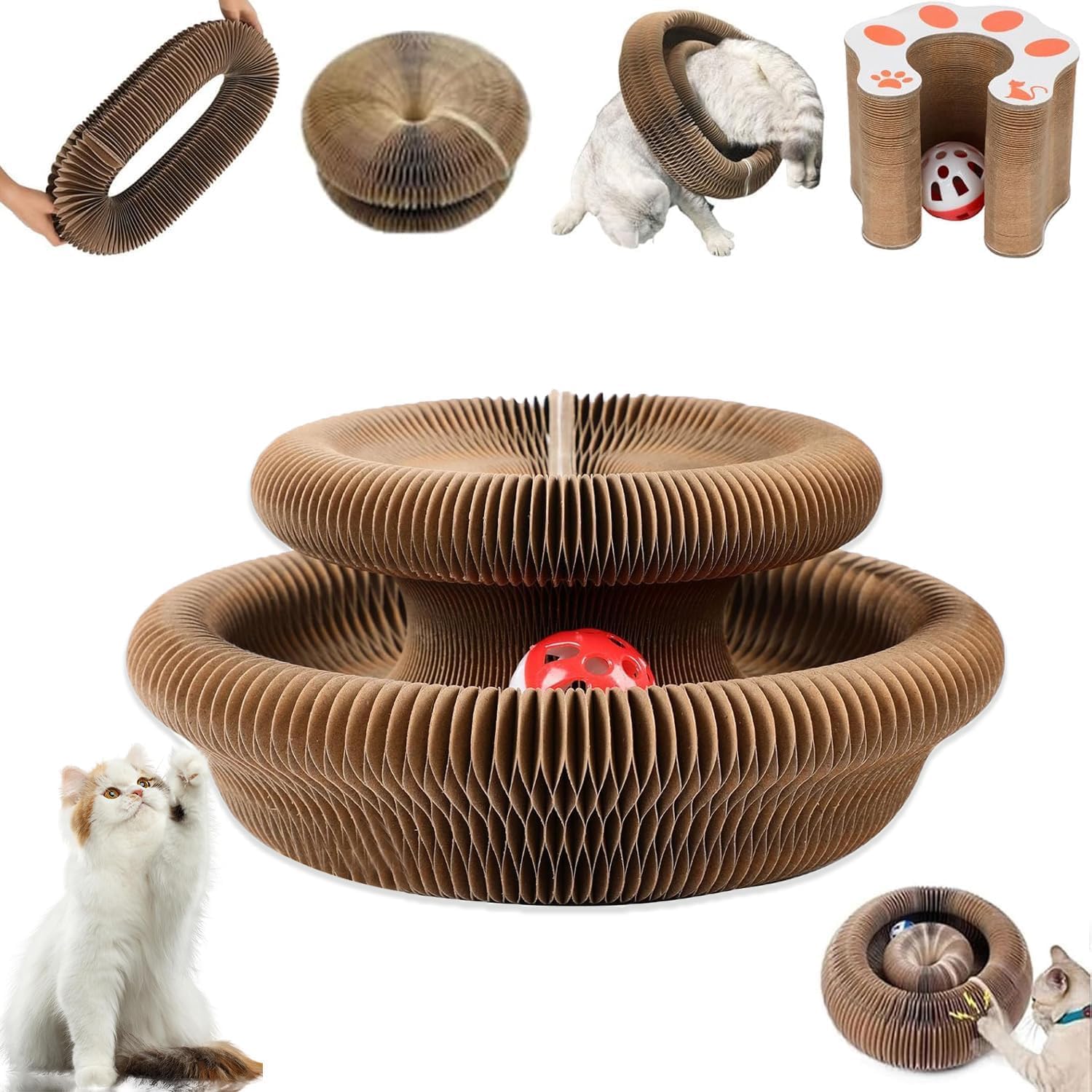 Foldable Magic Organ Cat Scratch Board with Toy Bell Ball - Interactive Cardboard Cat Toy for Play & Training - Perfect for Indoor Cats, Kittens & Multi-Cat Homes