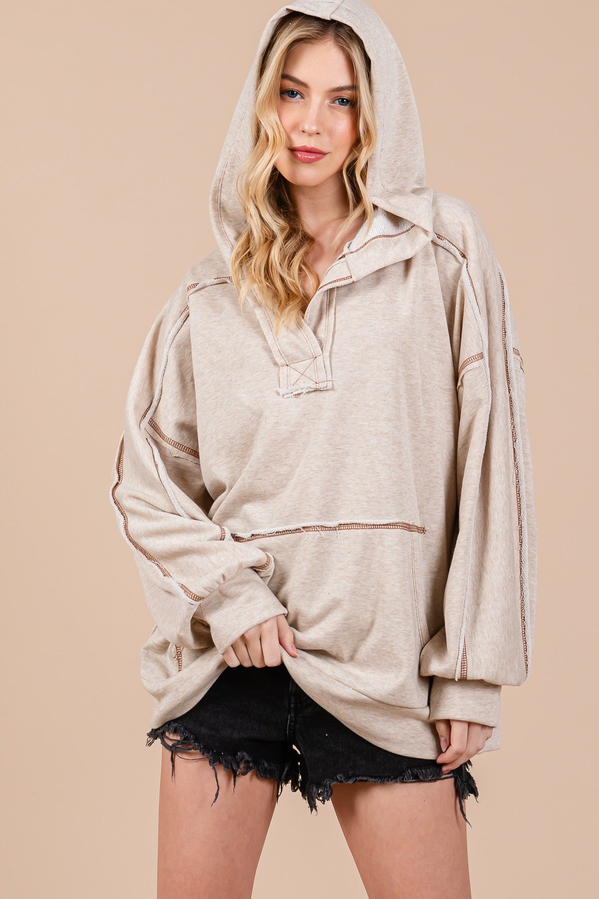 Beige Oversized Raw Hem Maternity Hoodie - Soft & Comfortable Pregnancy Sweatshirt for Women | Perfect for Casual Wear, Maternity Photos & Relaxing at Home