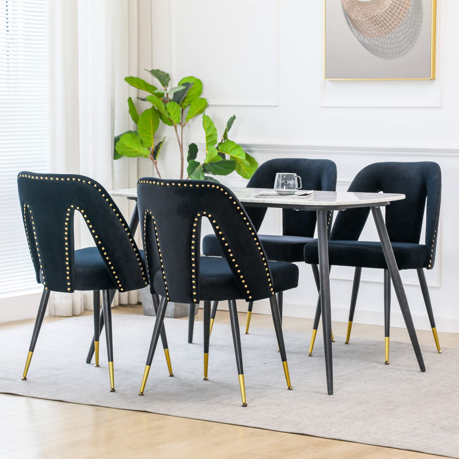 Set of 2 Polibi Modern Velvet Upholstered Dining Chairs with Nailhead Trim & Gold-Tipped Black Metal Legs - Elegant Seating for Dining Room, Living Room, Bedroom (Black) | Perfect for Home Decor, Dinner Parties & Cozy Reading Nooks