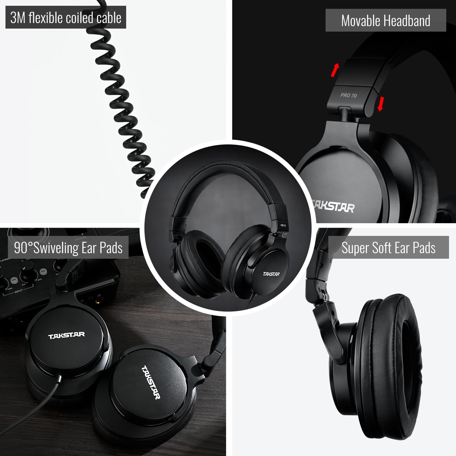 TAKSTAR PRO70 On-Ear Headphones - 40mm NdFeB Driver, HiFi Bass, Noise Isolation for Studio Recording & Music