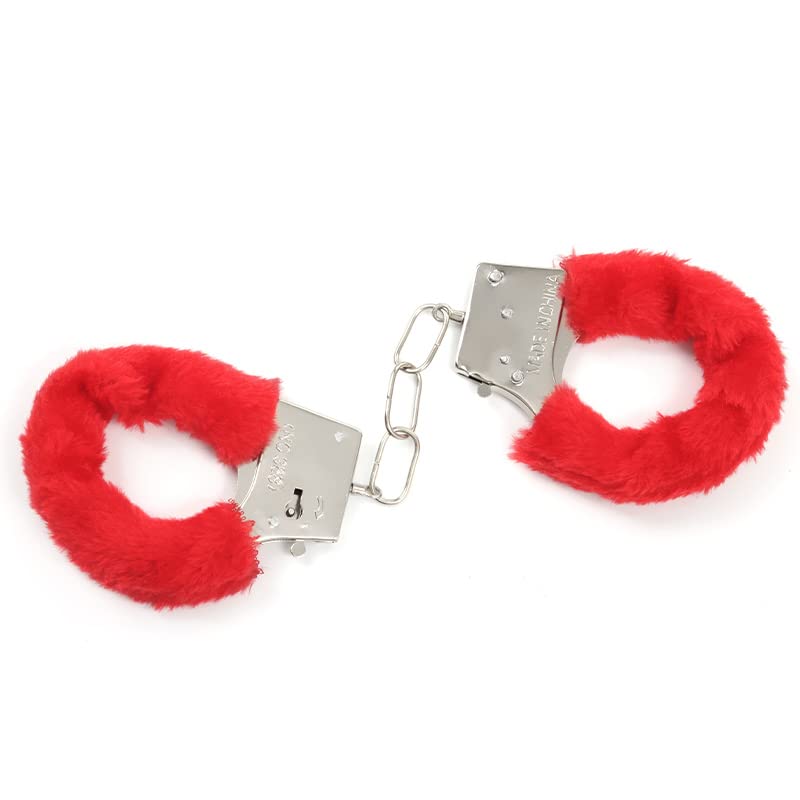 Soft Furry Adjustable Handcuffs with Keys - Plush Stainless Steel Bondage Cuffs for Couples, SM Play & Fetish - Ankle Bracelets Included - Perfect for Adult Toys, Halloween Cosplay & Police Costume Props (Red) - Enhance Your Roleplay & BDSM Scenes