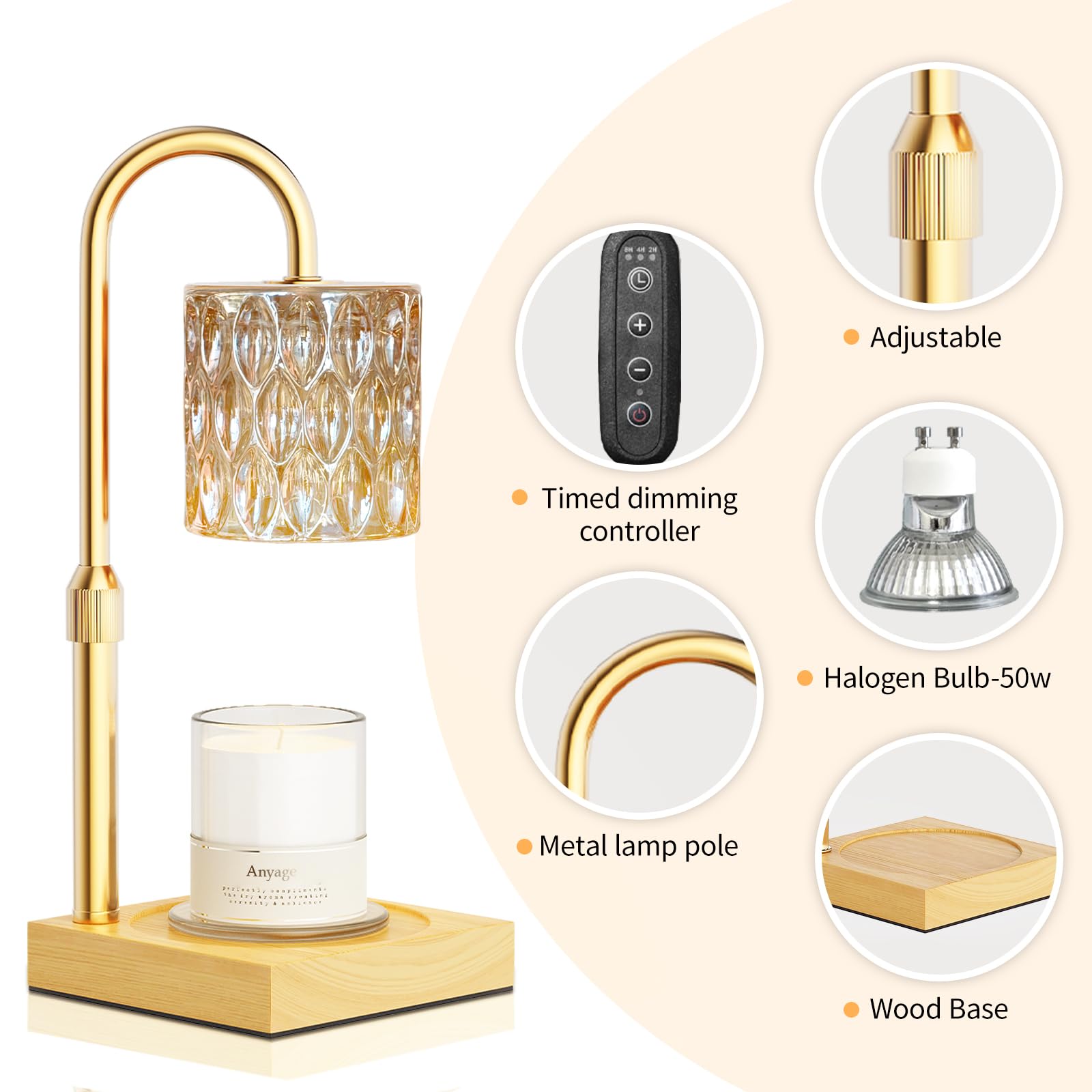 Aromatherapy Candle Warmer Lamp with Timer & Dimmer - Adjustable Height Home Decor Gift with 2 Amber Bulbs - Perfect for Living Room, Bedroom, and Housewarming Gifts