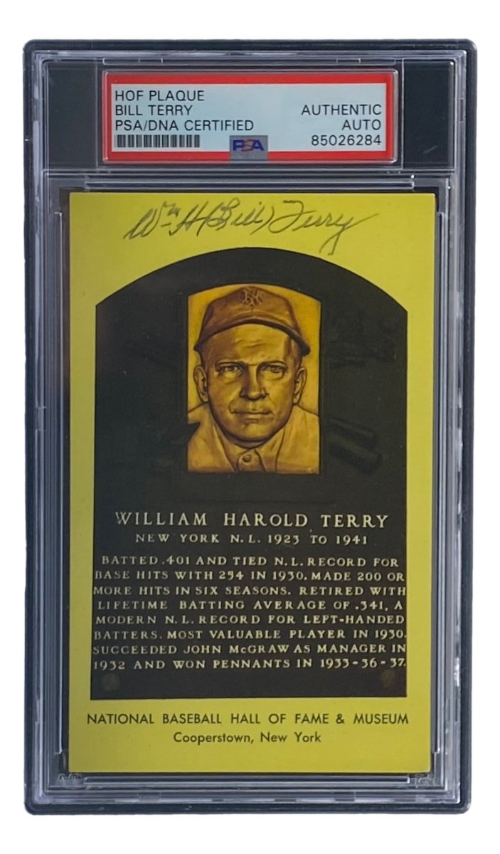Bill Terry Autographed 4x6 New York Giants Hall of Fame Plaque Card with PSA/DNA Certification #85026284 - Perfect for Sports Memorabilia Collections & Fan Cave Displays