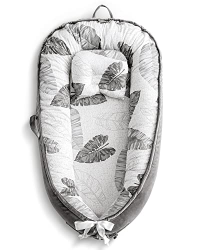 Premium Baby Lounger & Nest Bassinet - 100% Cotton & Velvet Newborn Infant Bed for Travel, Tummy Time & Cozy Napping | Breathable, Soft & Safe Baby Essentials | Perfect Nursery Gift in Grey Leaves Design | Ideal for Home, Daycare & On-the-Go Parenting