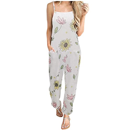 Women's Casual Cotton Linen Jumpsuit - Vintage Baggy Overalls with Adjustable Straps, Pockets & Floral Print | Perfect for Summer Outfits, Beach Wear & Boho Fashion