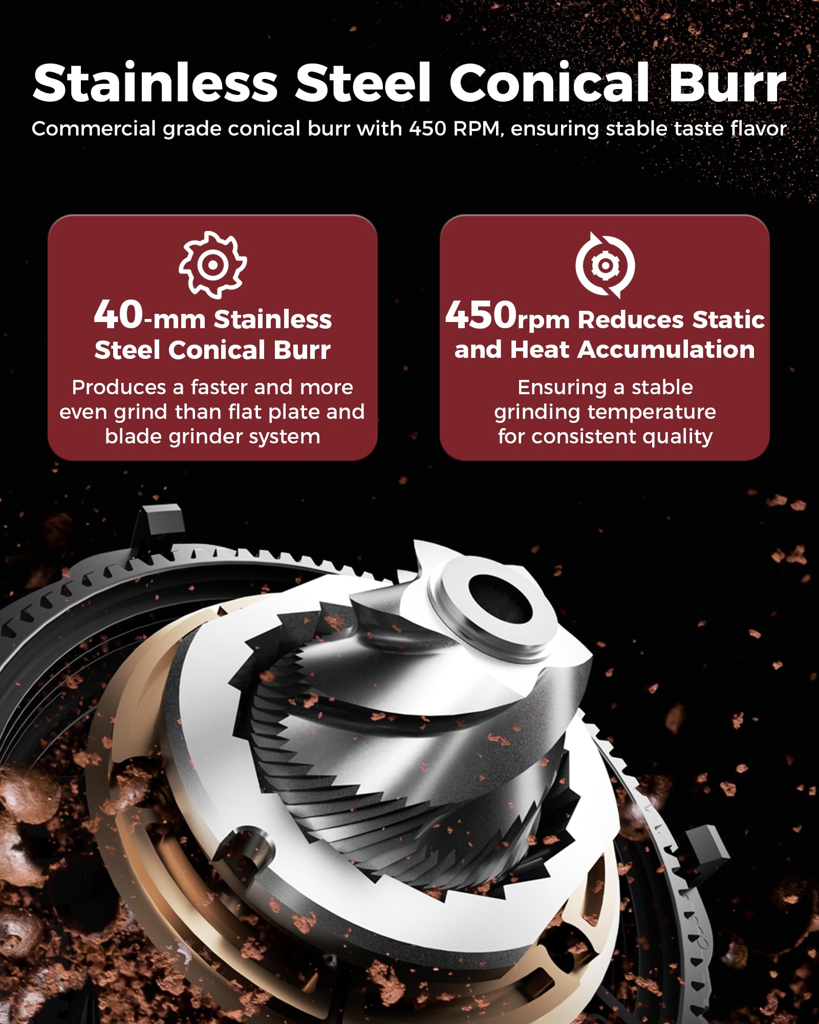 Premium Tuni G1 Conical Burr Coffee Grinder - 48 Adjustable Grind Settings, Anti-Static Technology, Precision Timer & LED Touchscreen - Perfect for Espresso, Drip, Cold Brew & French Press - Stainless Steel Silver - Ideal for Home Baristas & Coffee Enthusiasts