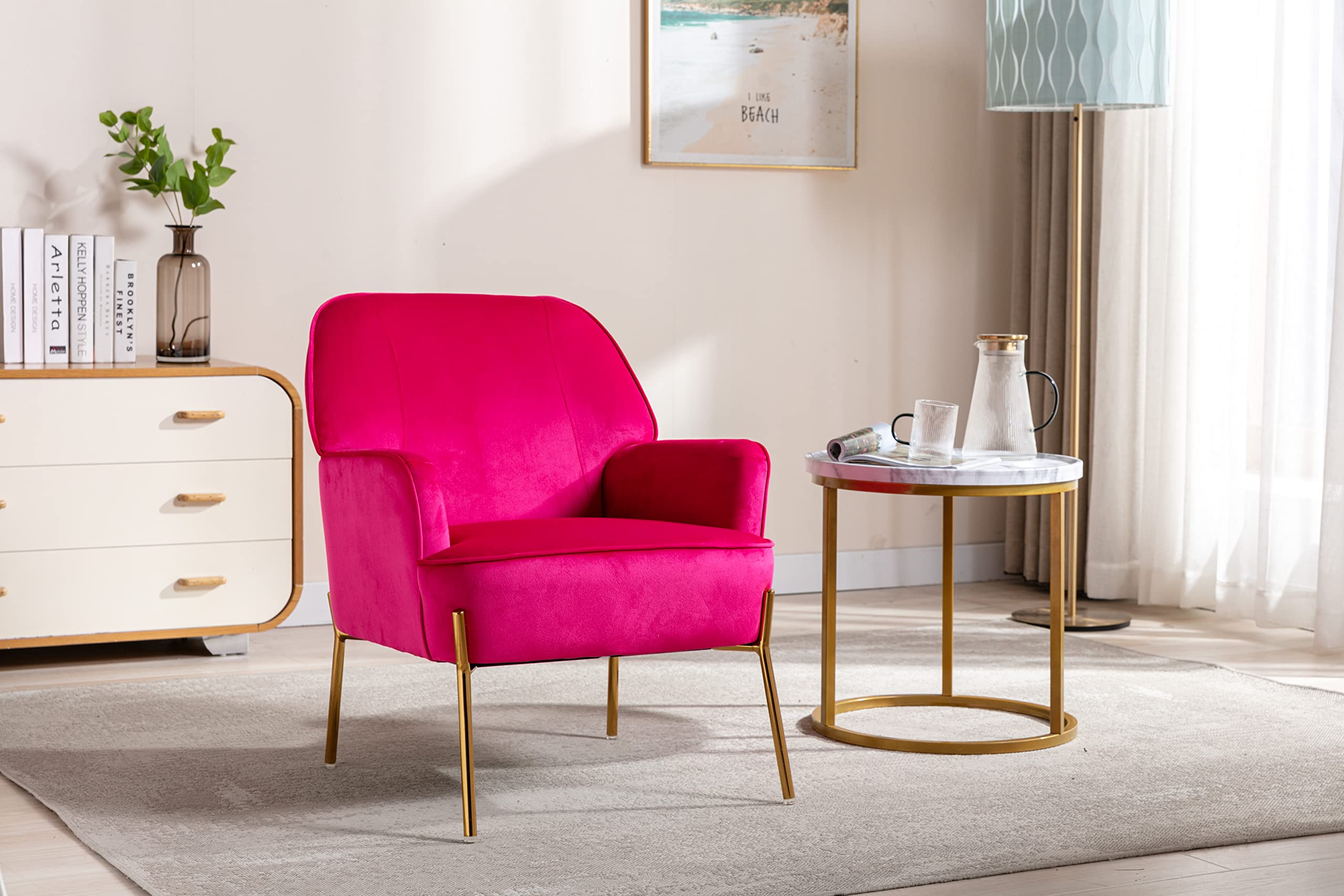 Luxury Velvet Accent Chair with Glam Metal Legs - Modern Comfort for Living Room, Bedroom & Dining Room - Rose Red Upholstered Armchair for Home Decor & Beauty Salon Use