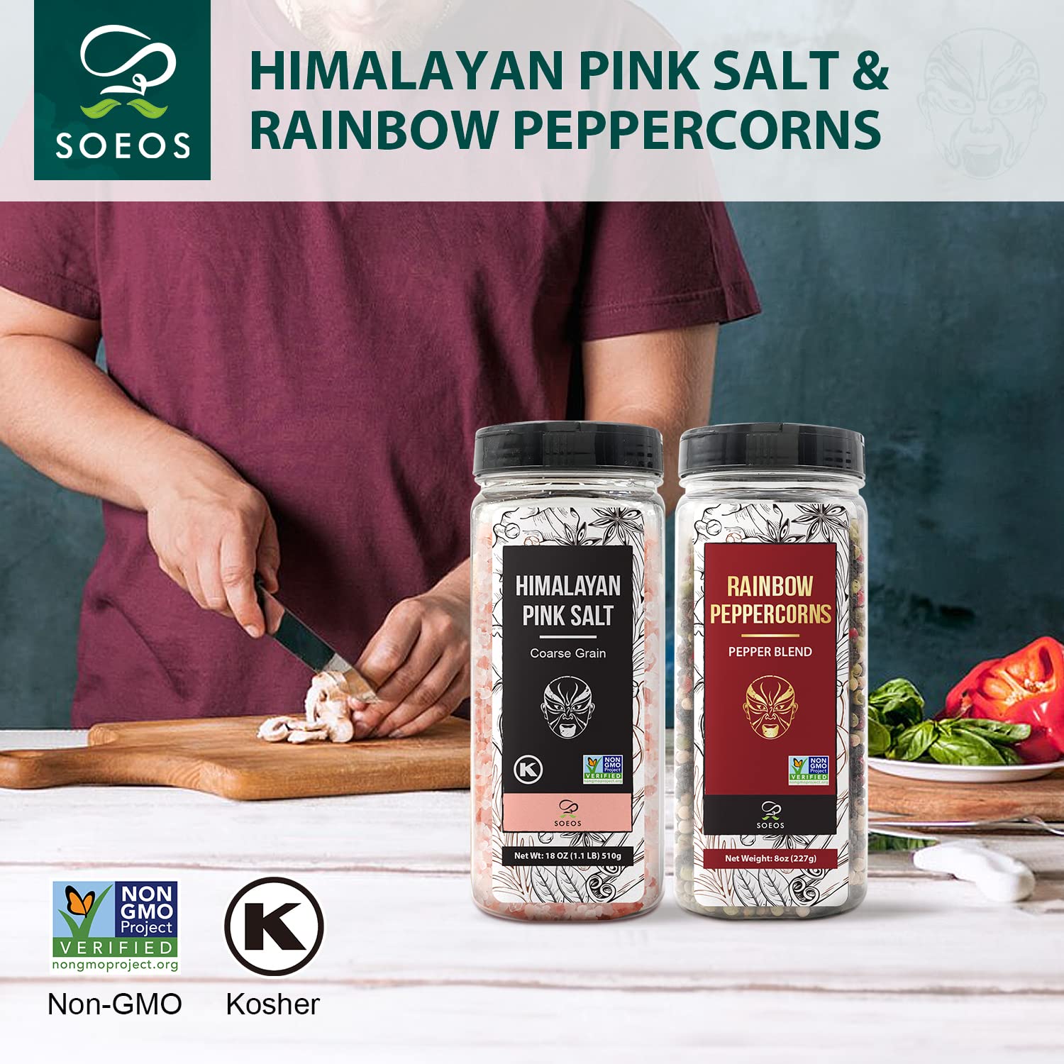 Soeos Himalayan Pink Salt & Rainbow Peppercorn Grinder Refill Set - 18oz Kosher Salt & 8oz Peppercorns - Gourmet Seasoning Blend for Cooking, Baking, Grilling & Salad - Perfect for Kitchen, BBQ & Dinner Parties
