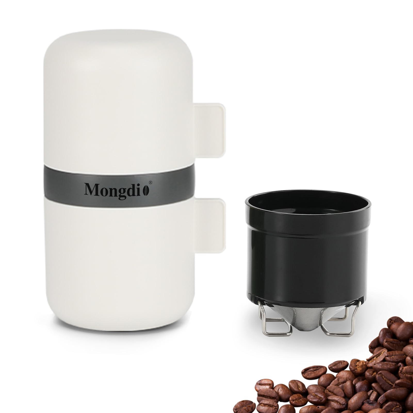 Premium Portable Coffee Maker for Travel - Manual Grinder with Stainless Steel Filter, Adjustable Grind Settings & 2 Cups - Perfect for Camping, Hiking, Outdoor Adventures - White | Compact Espresso Maker for Backpacking, Office & Home Use