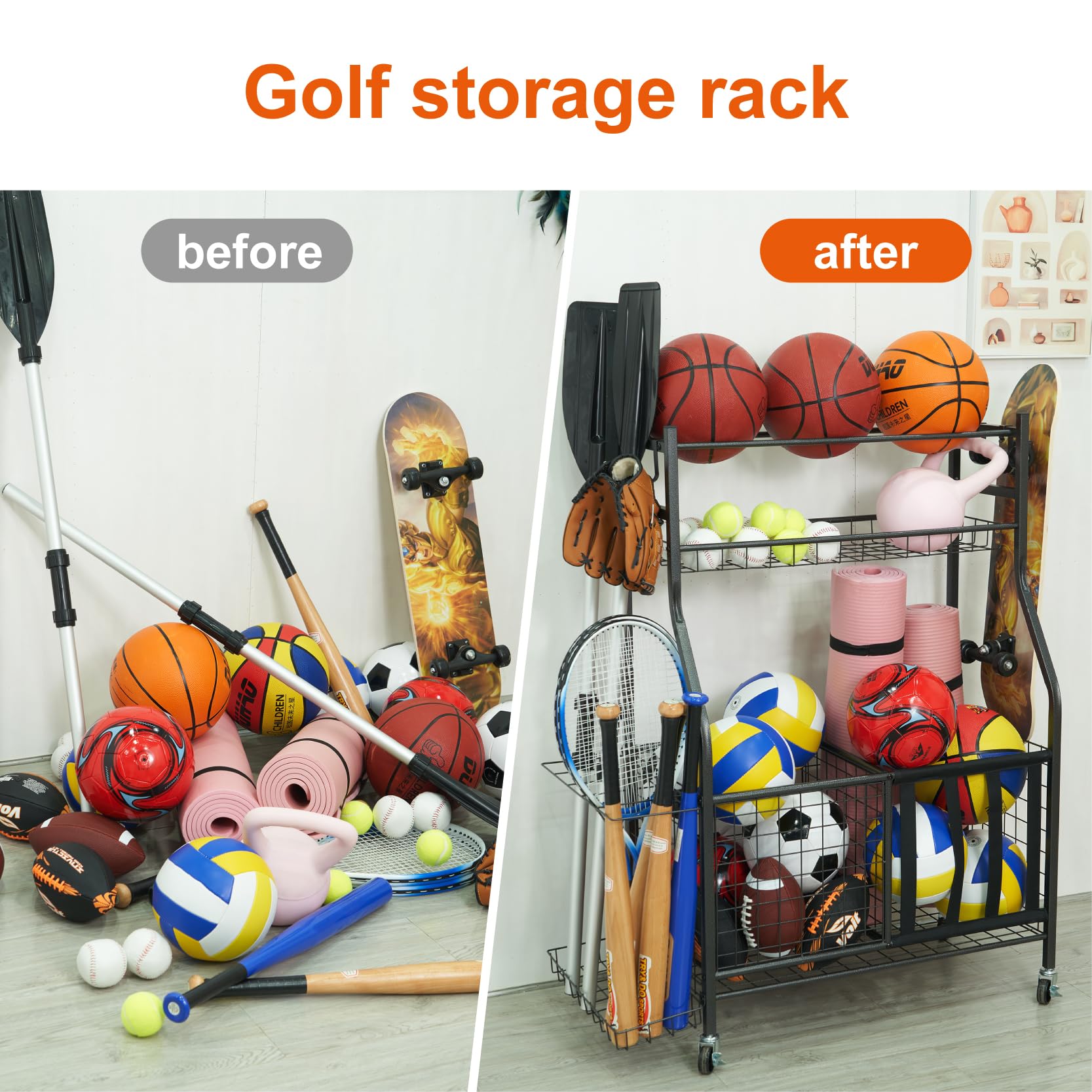 Sinoer Basketball Storage Rack with Wheels - Portable Sports Equipment Organizer for Garage, Gym & Home - Perfect for Basketball, Volleyball, Football & Soccer Ball Storage - Ideal for Sports Enthusiasts & Organized Living Spaces