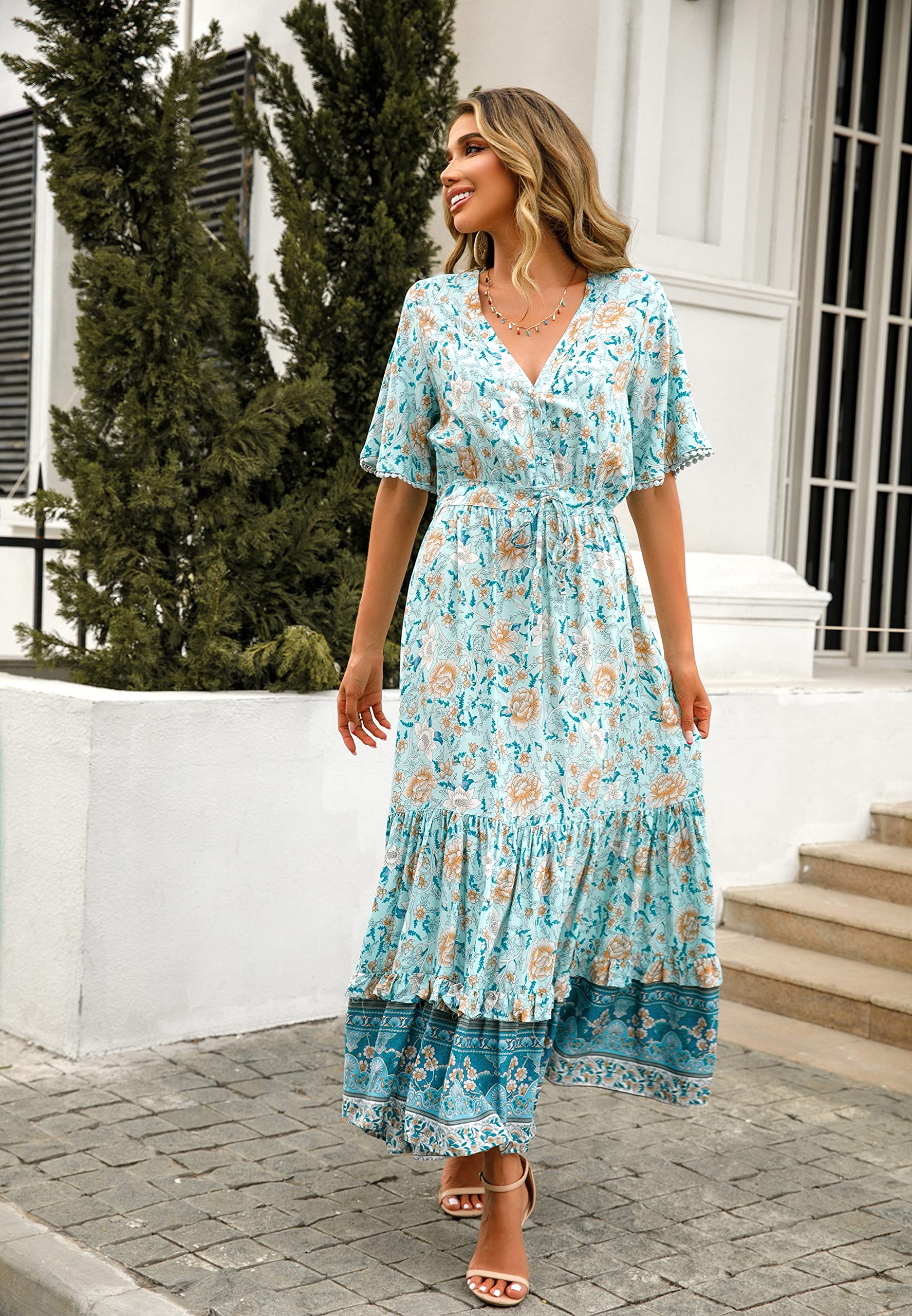 R.Vivimos Women's Summer Boho V-Neck Button Up Short Sleeve Floral Print Ruffle Hem Maxi Dress - Beach Vacation, Music Festival & Date Night Outfit