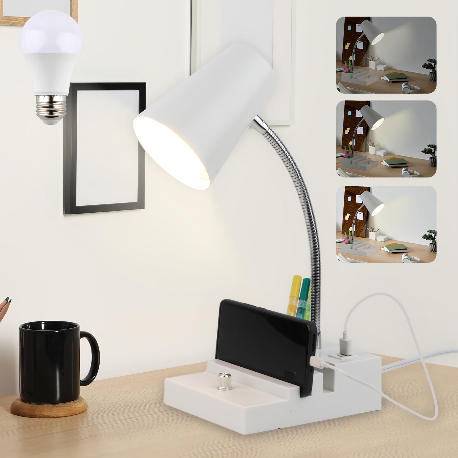 Adjustable Gooseneck LED Study Desk Lamp with USB & Type-C Charging, Stepless Dimming & Pen Holder - Perfect for College Dorm, Bedroom & Office Workspace (White) - Ideal for Night Reading, Homework & Computer Work