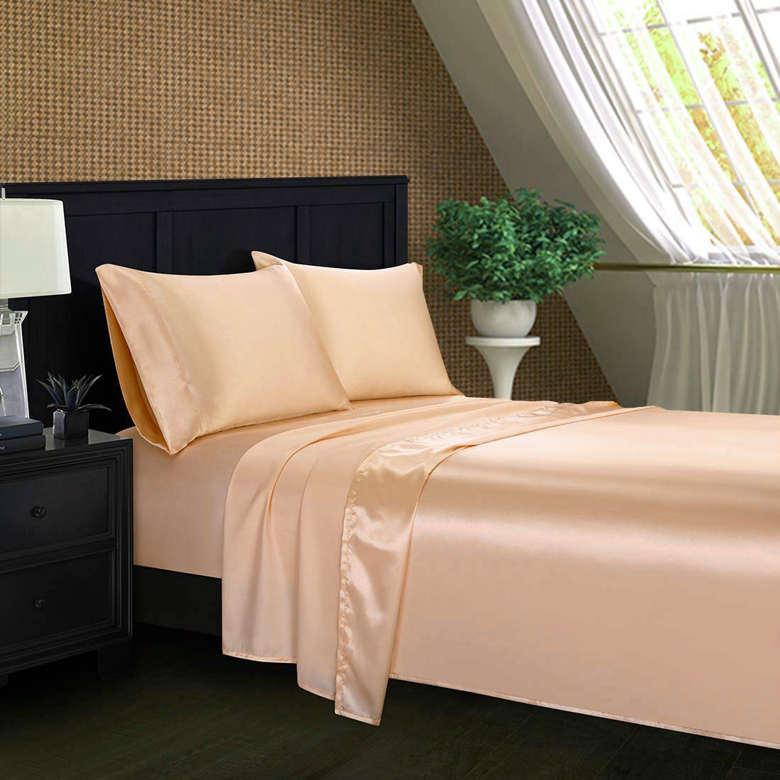 Luxury Twin XL Comforter Set - 7 Piece Satin Bedding Set with 600 GSM Peach Duvet Insert, Flat Sheet, Fitted Sheet (19'') & 4 Pillowcases - Perfect for Guest Rooms, Dorms & Cozy Bedroom Upgrades