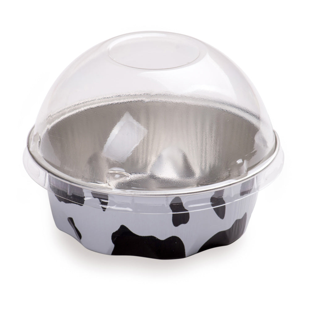 3 oz Round Cow Print Aluminum Baking Cups with Plastic Dome Lids - 3.25