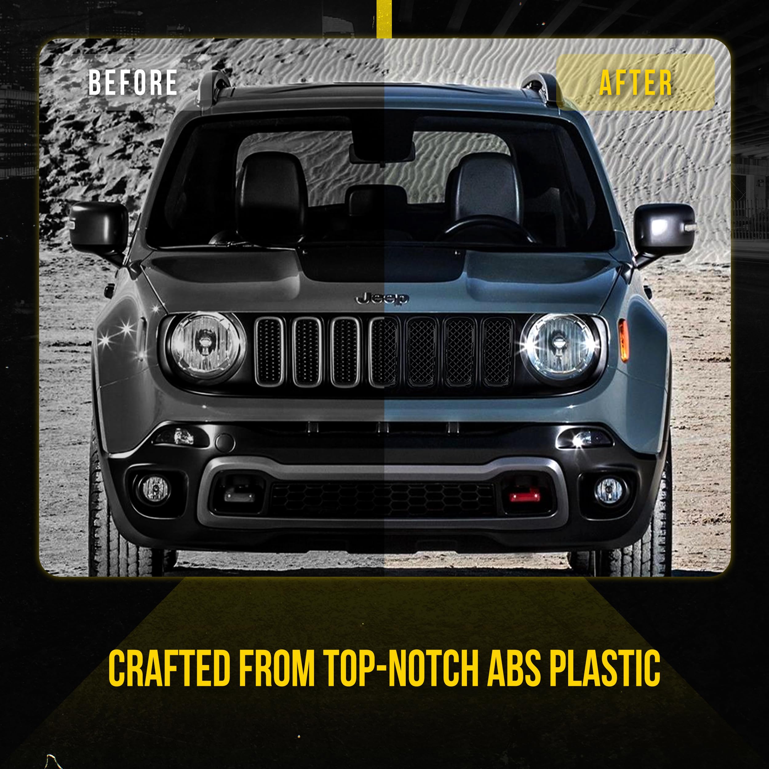 Black Chrome Delete Front Grille Overlay for 2015-2019 Jeep Renegade Sport/Limited/Latitude - Easy No-Tool Installation with Secure Adhesive Tape | US Patented | Upgrade Your Jeep's Style for Off-Road & Urban Driving