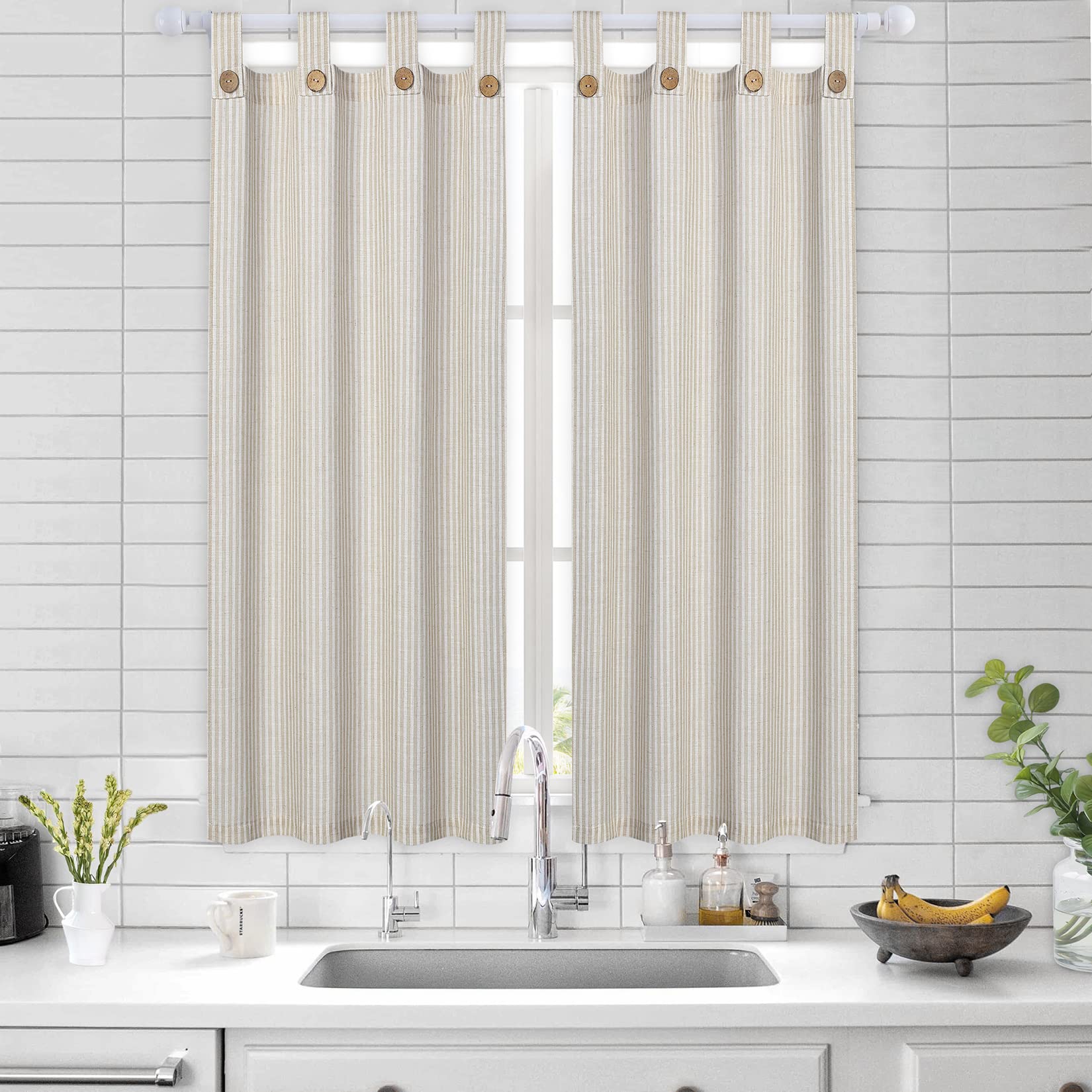 CAROMIO 45 Inch Linen Striped Kitchen Curtains - Light Filtering Cafe Curtains with Rod Pocket & Solid Buttons (2 Panels, Beige) for Living Room, Bedroom & Dining Room - Perfect for Privacy & Sun Protection