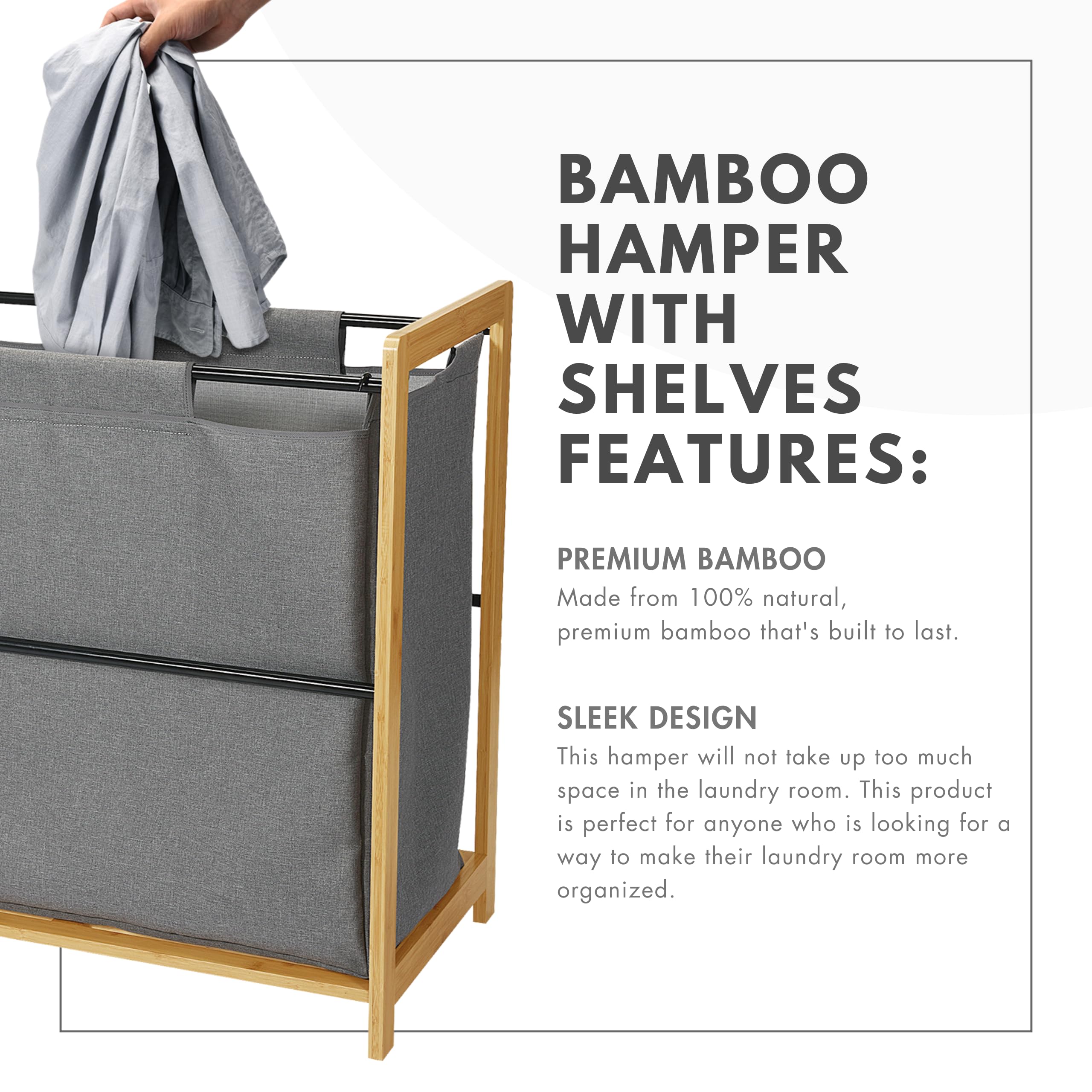Bamboo Laundry Hamper with Shelves - Freestanding Laundry Basket Organizer with Removable Bags - Natural Wood Storage Cabinet for Bedroom, Bathroom & Laundry Room - Perfect for Clothes Sorting and Home Organization