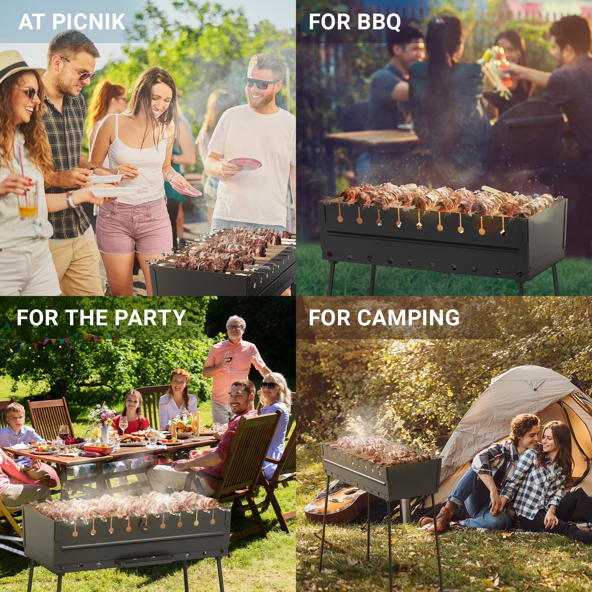 Portable Charcoal Grill for 10 Skewers - Foldable Metal BBQ Kabob Grill for Outdoor Cooking - Camping, Picnic, Hiking & Backyard Barbecue - Perfect for Shish Kebab, Grilling Meat & Vegetables