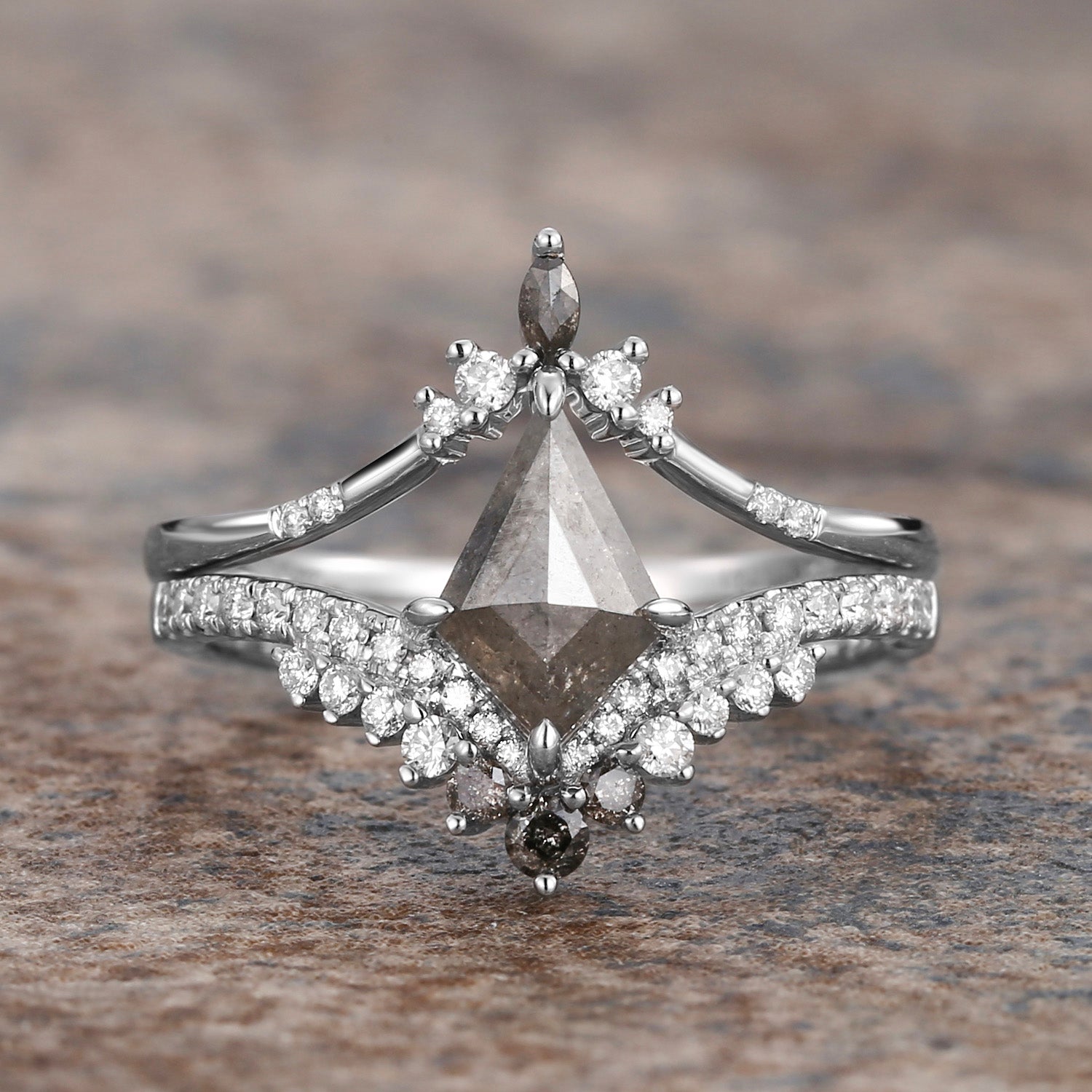 Kite Salt & Pepper Diamond Engagement Ring Set - 2 Piece Wedding Band for Women | Unique Raw Diamond Jewelry for Proposals & Anniversaries
