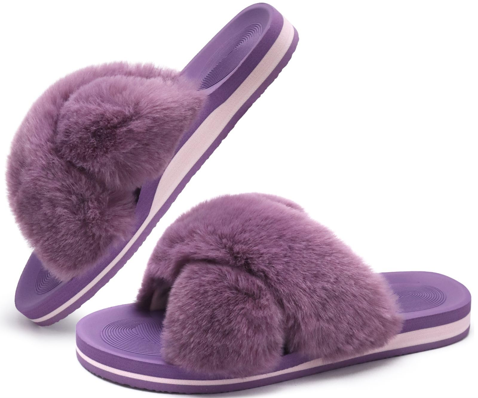 COFACE Women's Fuzzy Slides - Fluffy Faux Fur House Slippers with Arch Support, Open Toe Indoor/Outdoor Sandals for Yoga, Lounge & Comfort Wear - Perfect for Home, Spa Days and Relaxation
