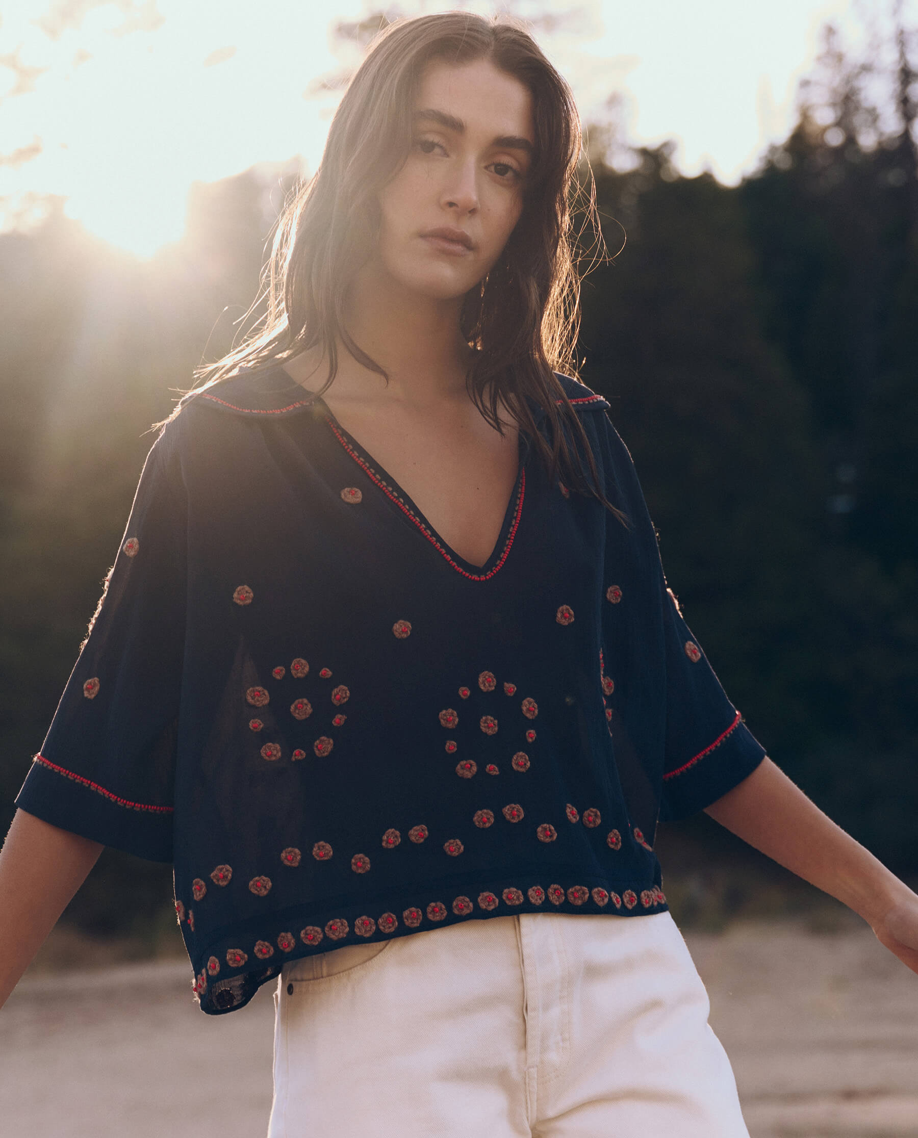 Vintage Beaded Sailor Top in Navy Blue - Perfect for Boho Chic Outfits and Summer Festivals