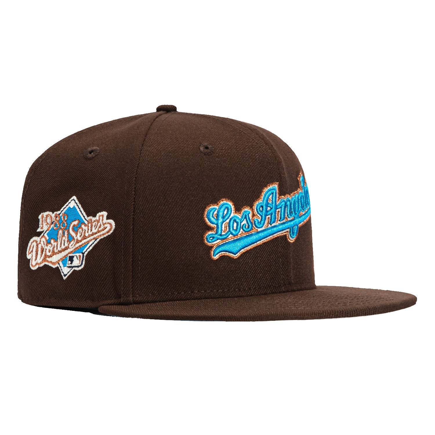 New Era 59Fifty Los Angeles Dodgers 1988 World Series Patch Script Hat - Brown, Neon Blue, Metallic Copper | Vintage Baseball Cap for Dodgers Fans, Sports Collectors & Streetwear Fashion | Game Day, Casual Wear & Gift Idea